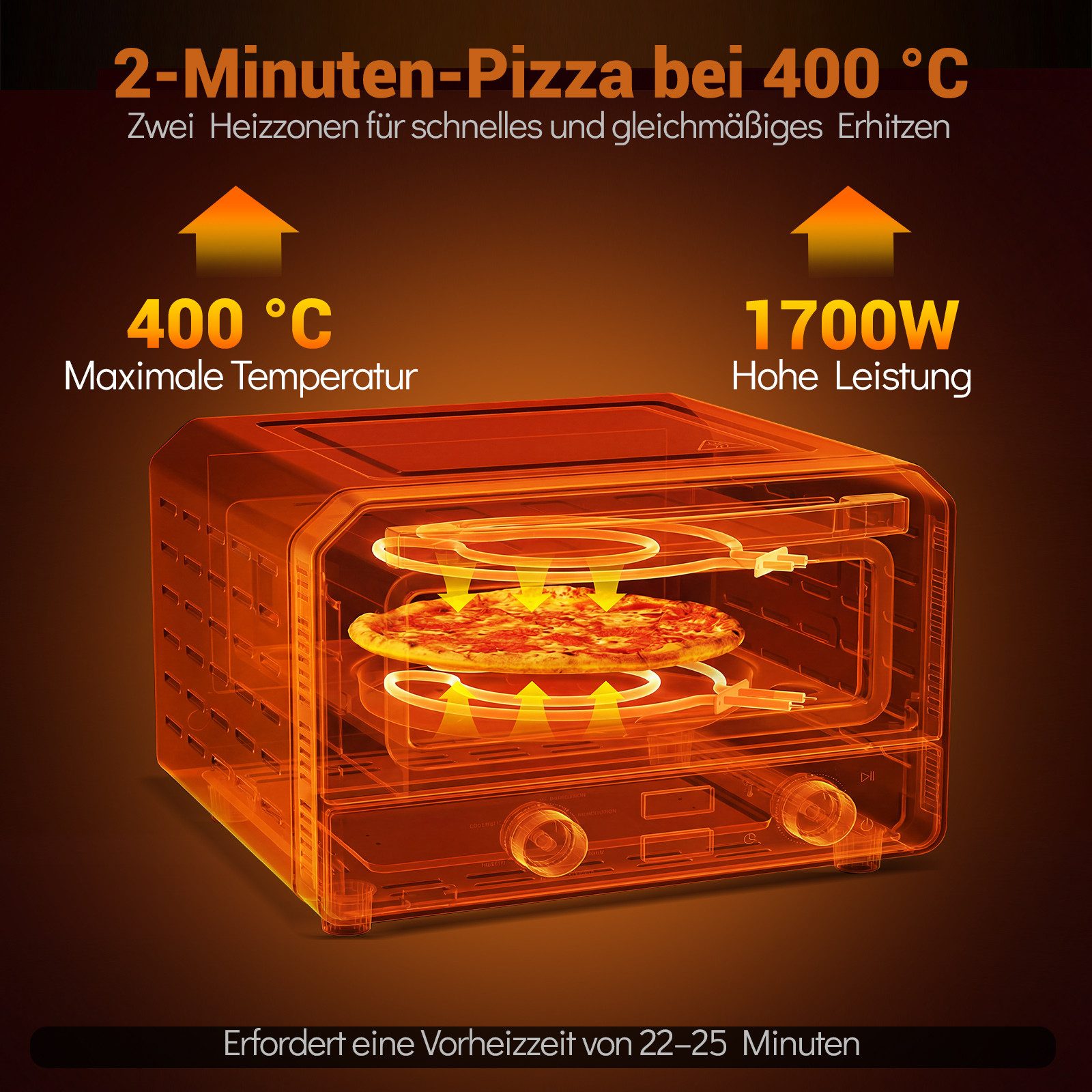 COSTWAY Pizzaofen, 1700W, mit 6 Voreinstellungen, bis zu 400℃, elektrisch