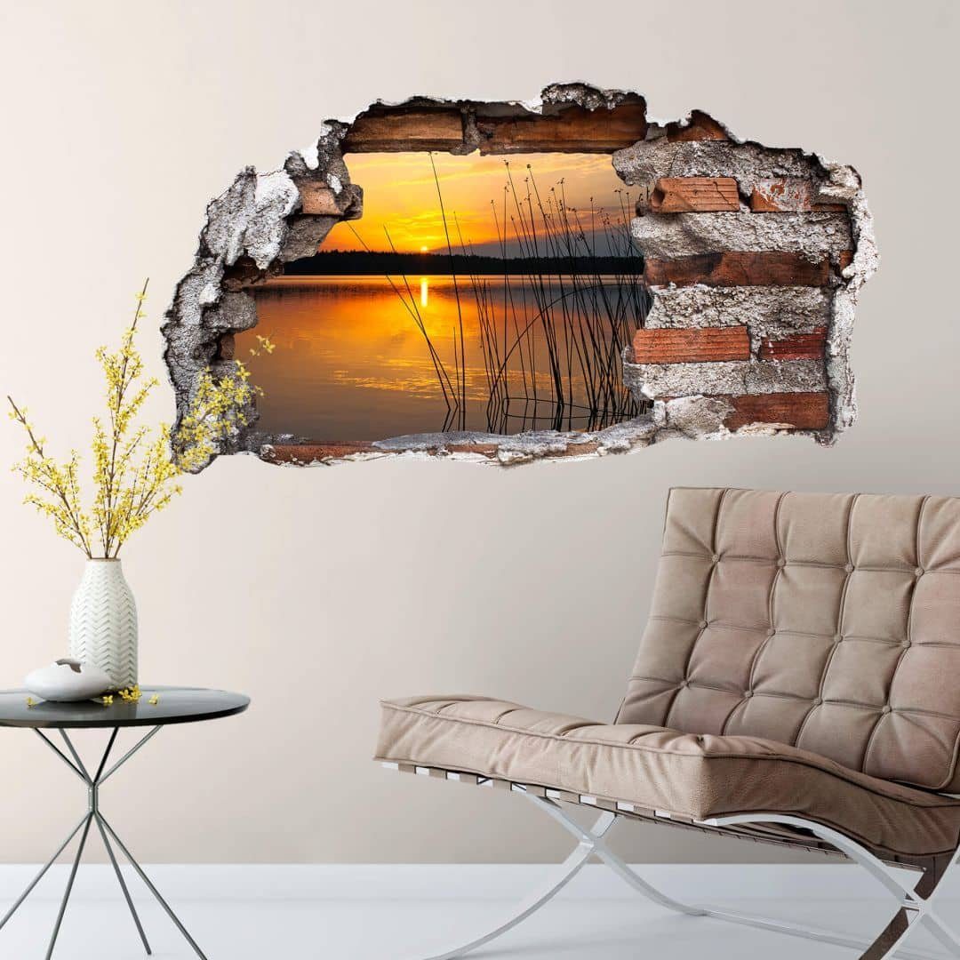 K&L Wall Art Wandtattoo 3D Wandtattoo Aufkleber Feng Shui Deko Sonnenuntergang am See Panorama, Mauerdurchbruch Wandbild selbstklebend