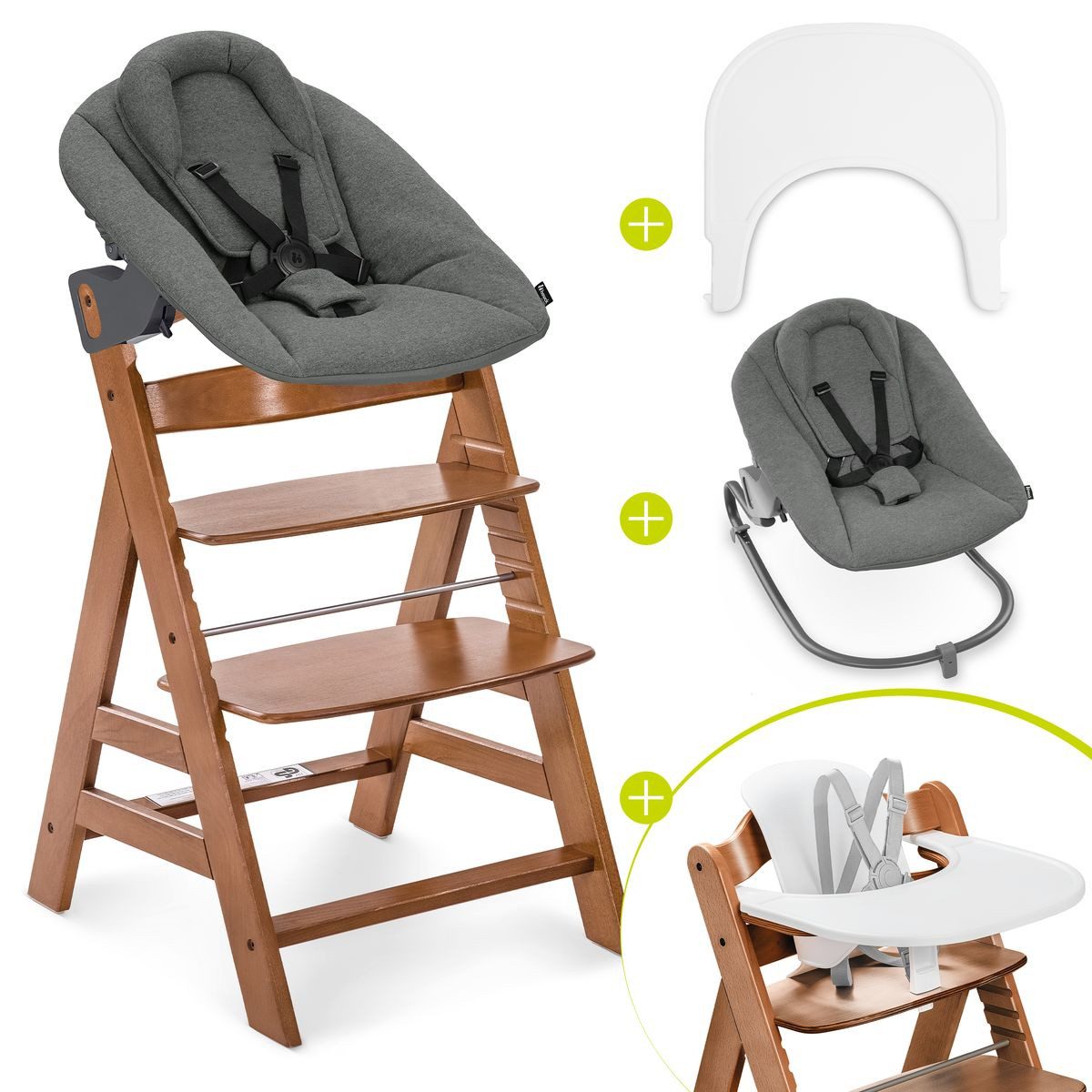 Hauck Hochstuhl Alpha Plus Newborn Set Premium - Walnut, Holz Babystuhl ab Geburt mit Neugeborenenaufsatz, Essbrett & Baby Seat