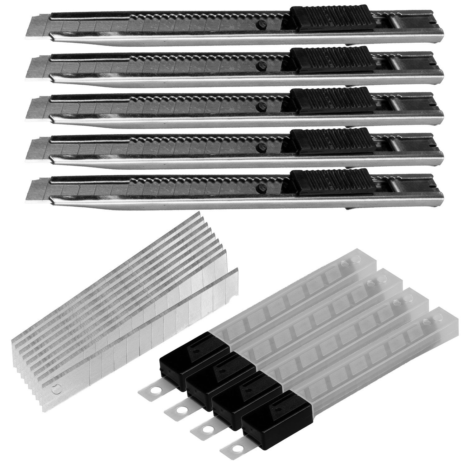 Werkzeugkönig Cuttermesser 9mm + Ersatzklingen, Klinge: 0,9 cm, (5-tlg), mit Feststell- und Abbrech-Funktion - inklusive 10 Ersatzklingen/ Stk