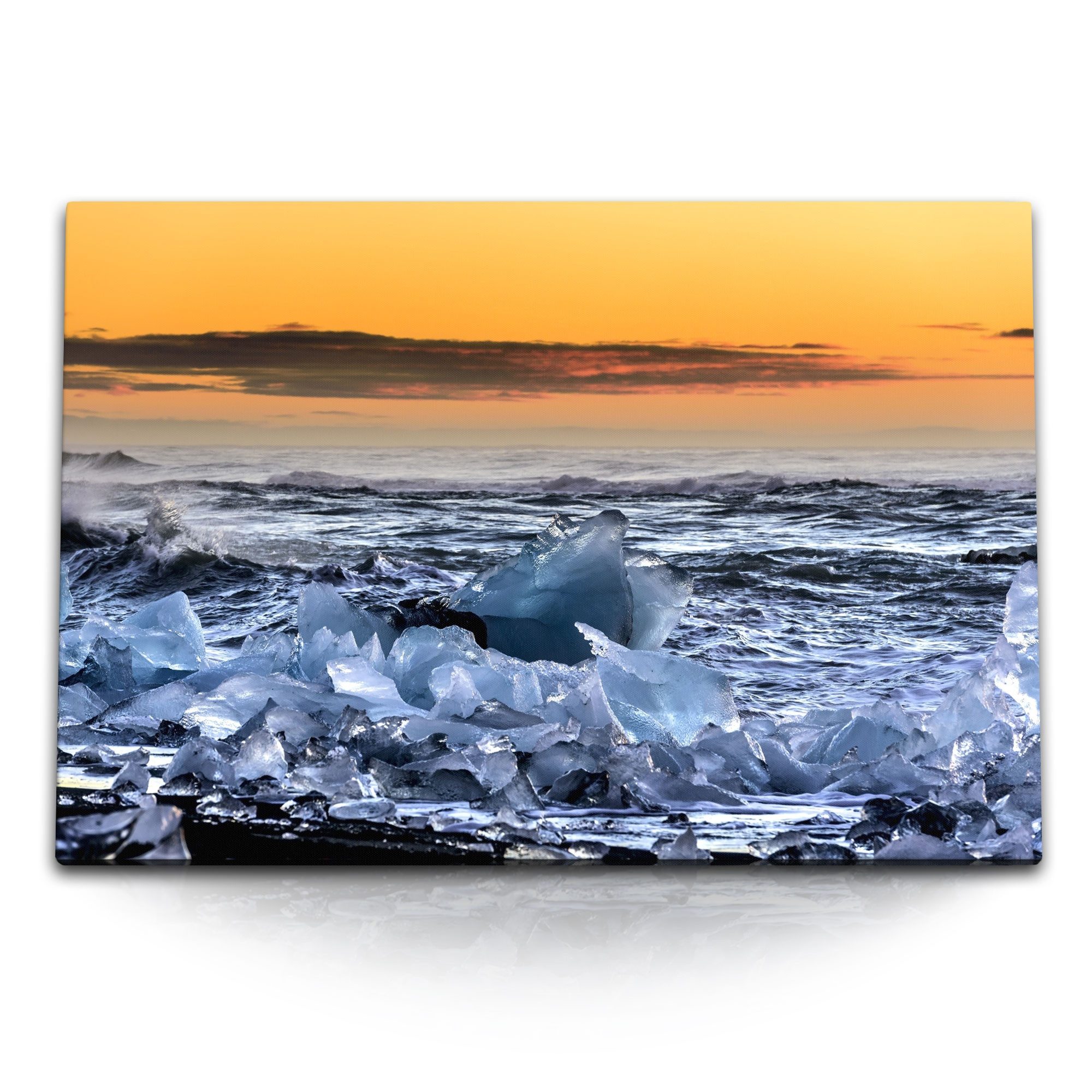 Leinwandbild 120x80cm Wandbild auf Leinwand Eisschollen Eis Meer Strand roter Himme