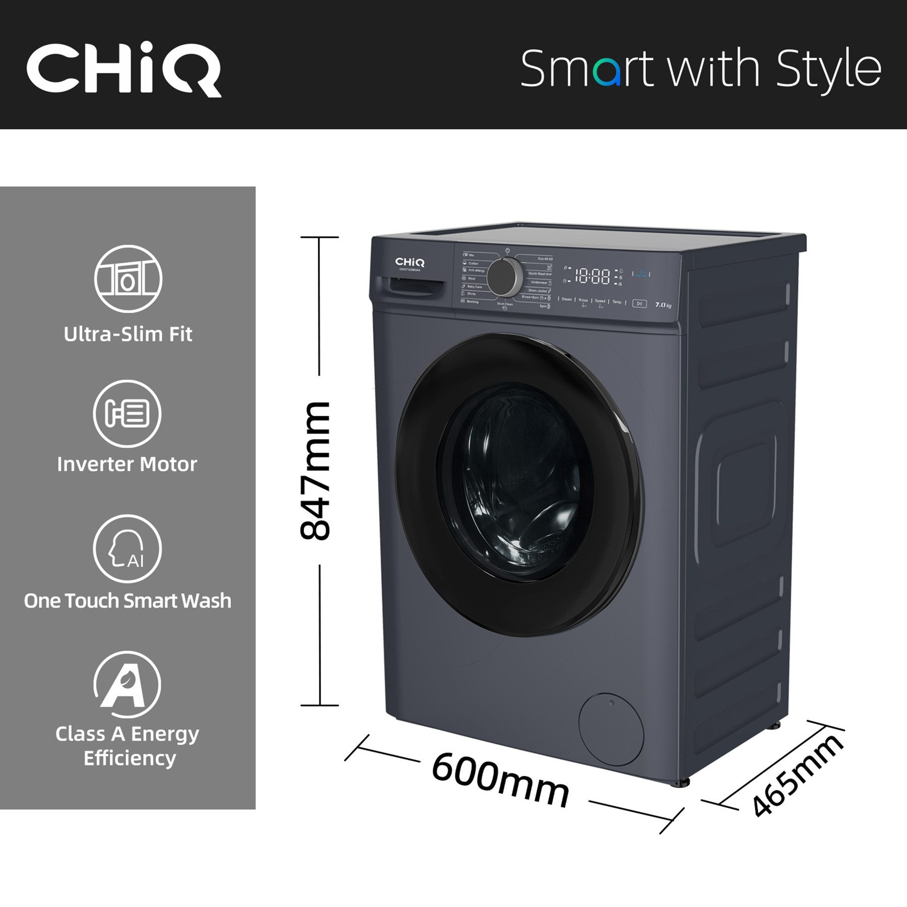 CHiQ Waschmaschine SPACE PRO CW07123863AX, 7 kg, 1200 U/min, Dampfsterilisation, 15-minütiger Schnellwaschgang