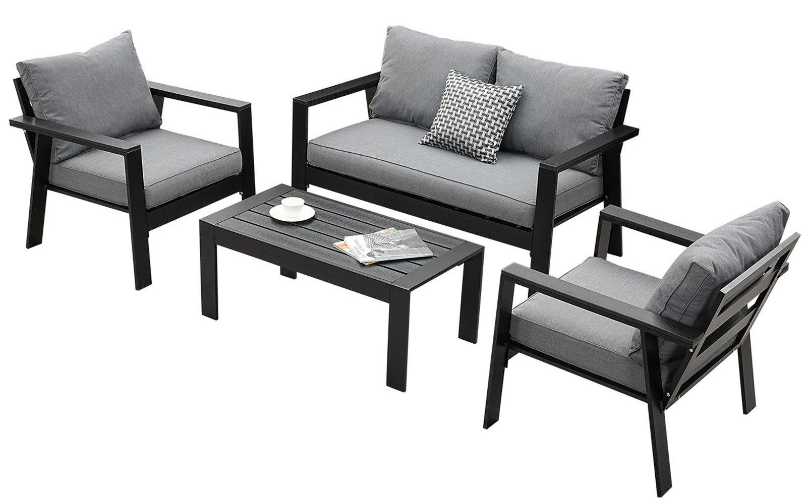 MeXo Gartenlounge-Set Gartenmöbel Set 4 Personen Aluminium Wetterfest Hochlehner 4 Sitzer, (einteiliges 10cm Premium-Sitzkissen, 4-tlg., Gartentisch 100x50cm), Gartenset 4 Personen Ergonomisches Design, Café-Ecke Alu