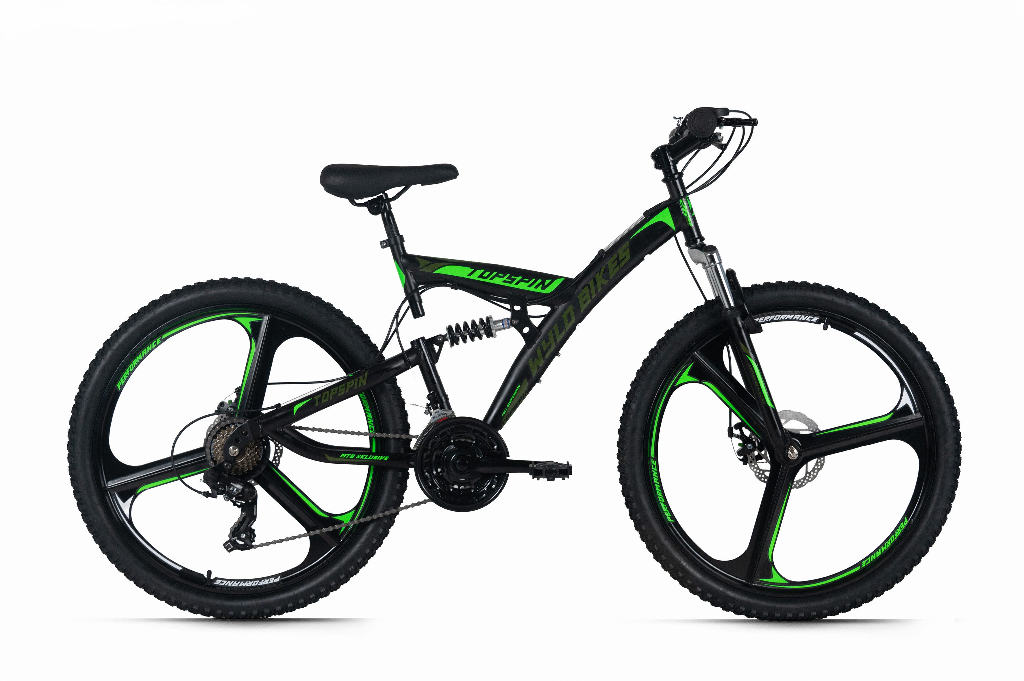 WYLD Mountainbike WYLD Mountainbike Fully 26'' Topspin schwarz-grün, 21 Gang Shimano Tourney Schaltwerk, Kettenschaltung