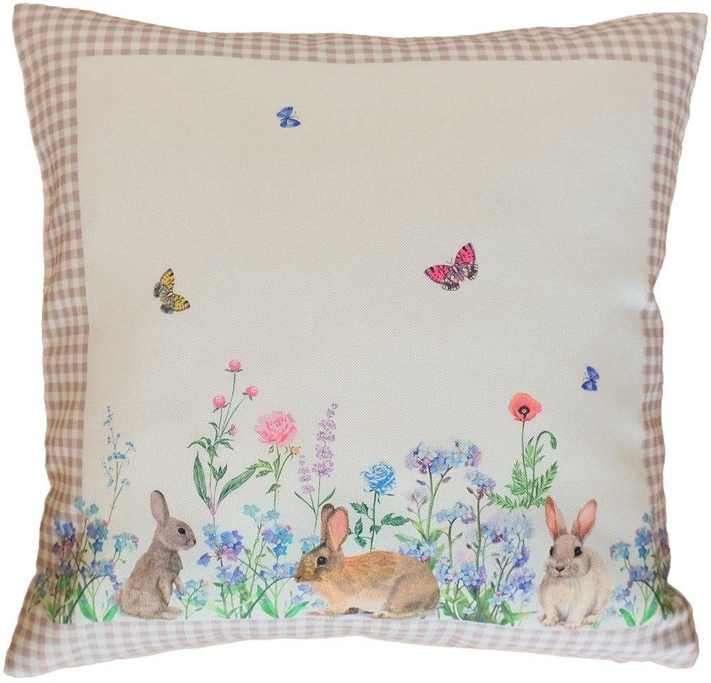 matches21 HOME & HOBBY Kissenbezüge Kissen-Bezug Osterhasen & Wiese Ostern mit Karo Bordüre 40x40 cm, (1 Stück), Wohnzimmer Kissen-Hülle als Deko-Kissen Zier-Kissen Sofa-Kissen