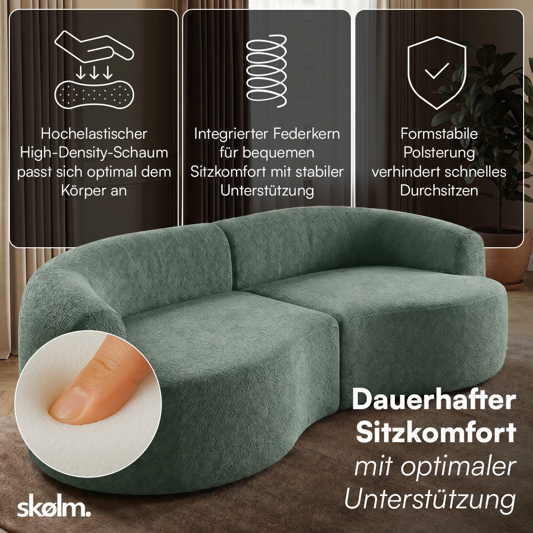 skølm Sofa Loki aus Teddy-Bouclé-Stoff, Vollschaumcouch mit Vakuum-Kompression, Dunkelgrün, Couch 2 Sitzer mit 2 Kissen, kein Aufbau notwendig