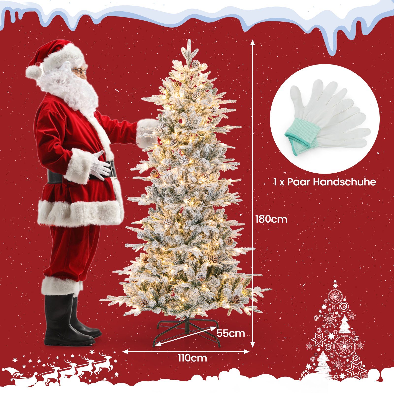 Weihnachtsbaum, 36 Künstlicher mit und 210 Tannenzapfen 180cm COSTWAY LEDs