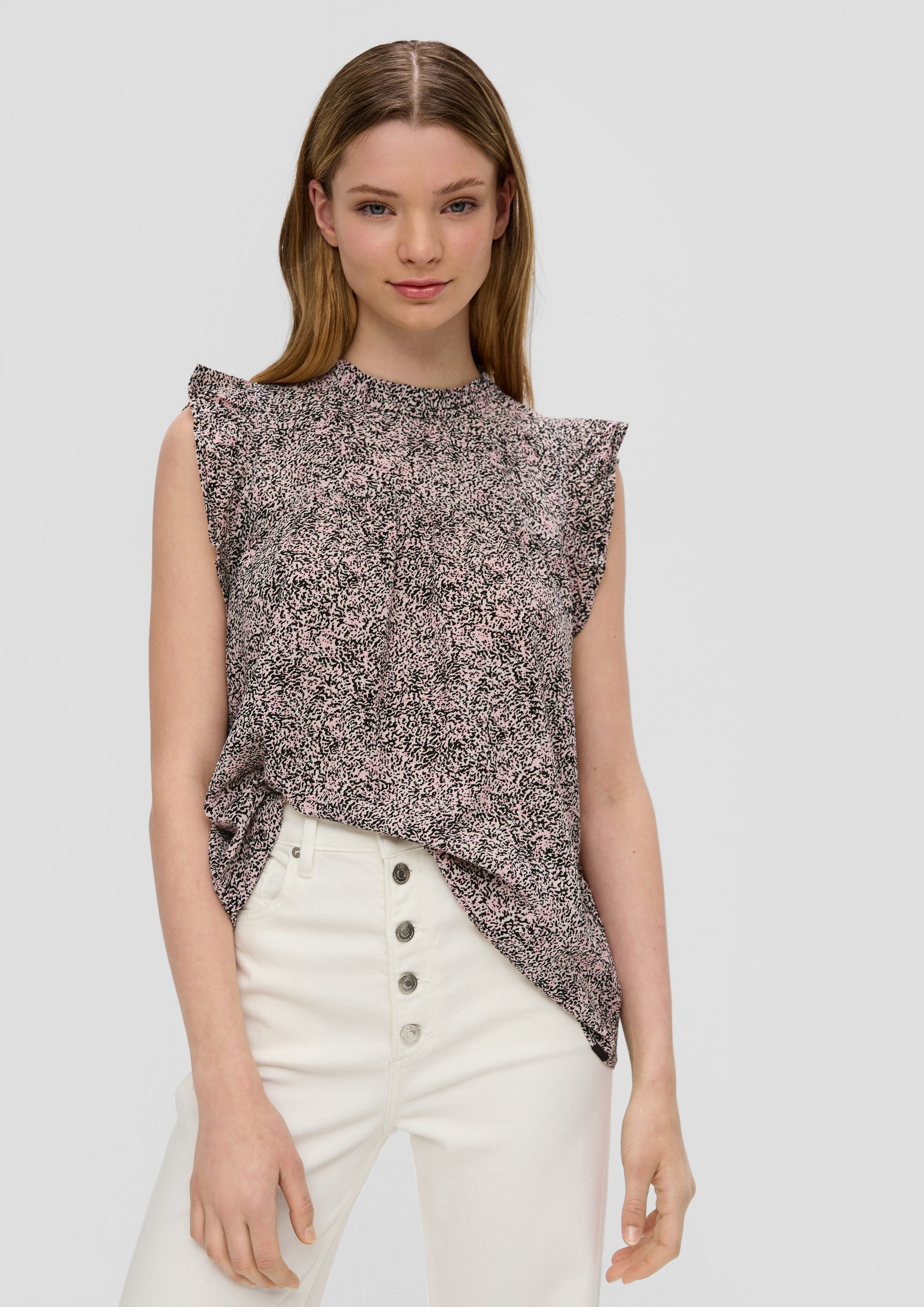 QS Blusentop Bluse Gemusterte Bluse mit Volant-Ärmeln
