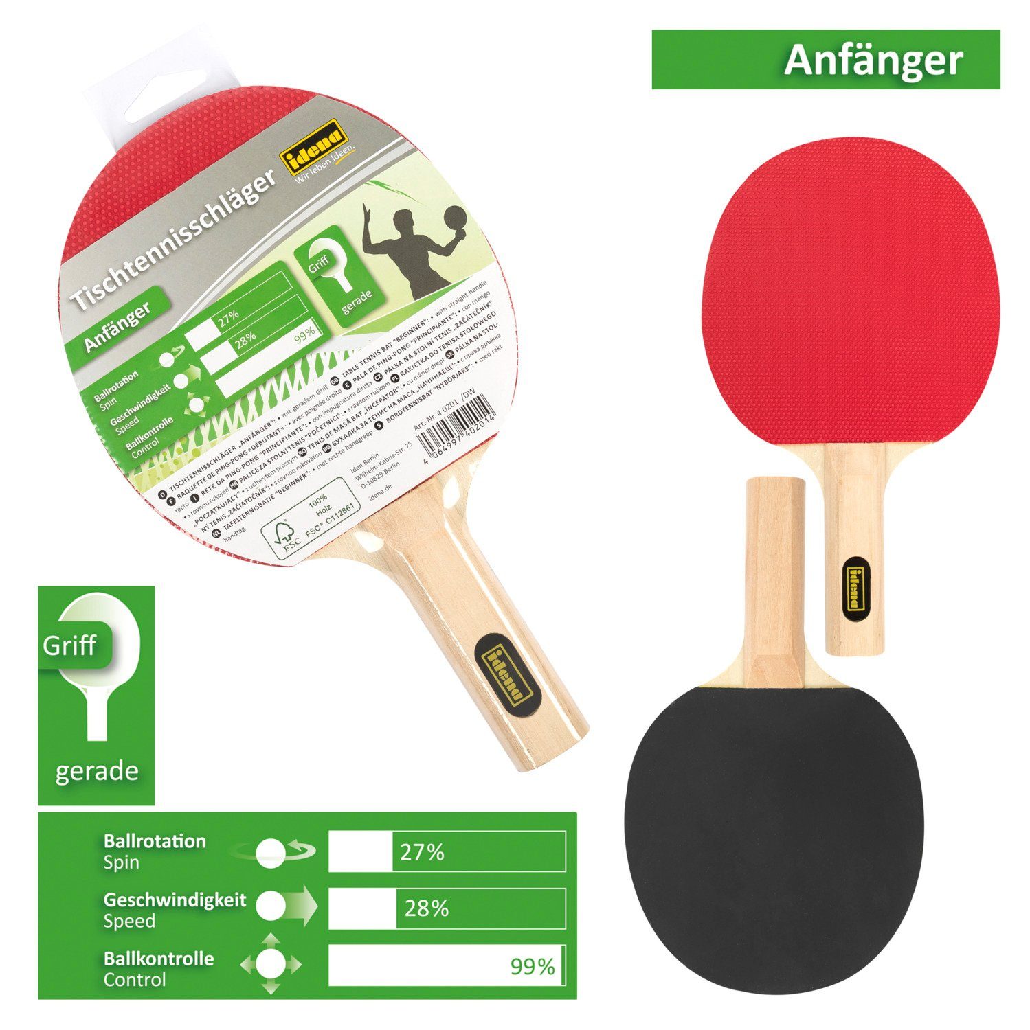 Idena Tischtennisschläger Idena 40201 - Tischtennisschläger für Anfänger, mit geradem Holzgriff