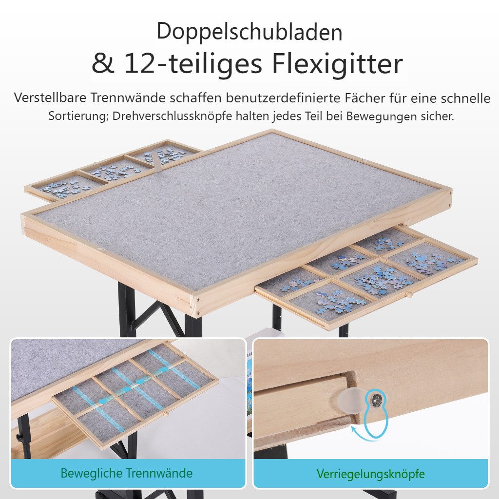 Insma Puzzleunterlage Puzzletisch Puzzlebrett für 1500-Teile Puzzle mit 4 Rollen, (Puzzleboard mit Schubladen, Abdeckung), höhen- & winkelverstellbar, klappbar 82,5×59,5×94 cm
