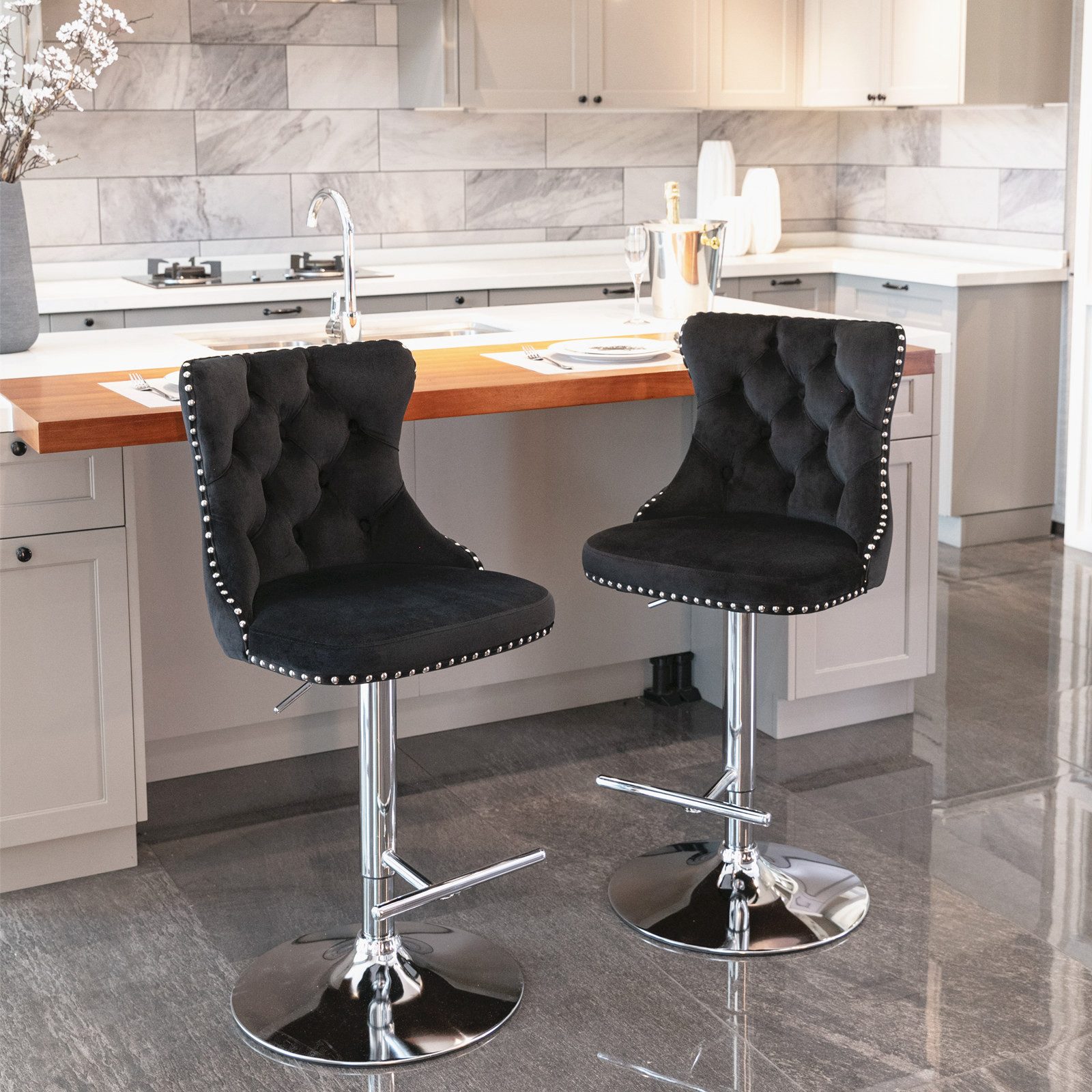 IDEASY Barhocker Samt-Barhocker 2er Set höhenverstellbar 360° drehbar Chrom Kücheninsel