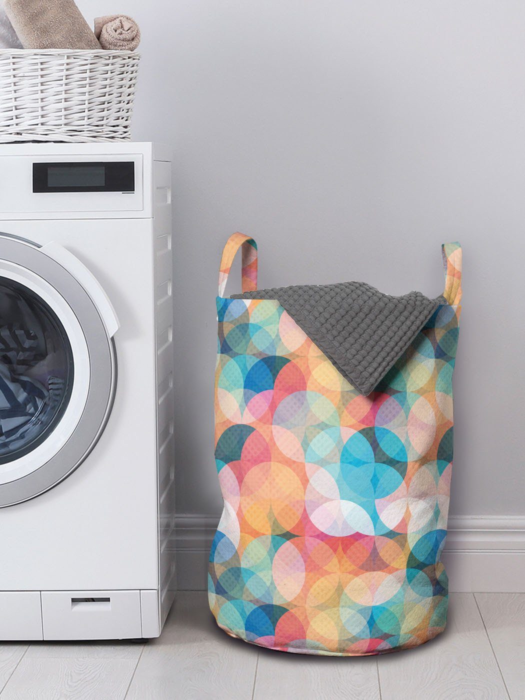 Mosaik-Kreise Waschsalons, Pastell Geometrisch Kordelzugverschluss Wäschekorb mit Griffen für Wäschesäckchen Abakuhaus
