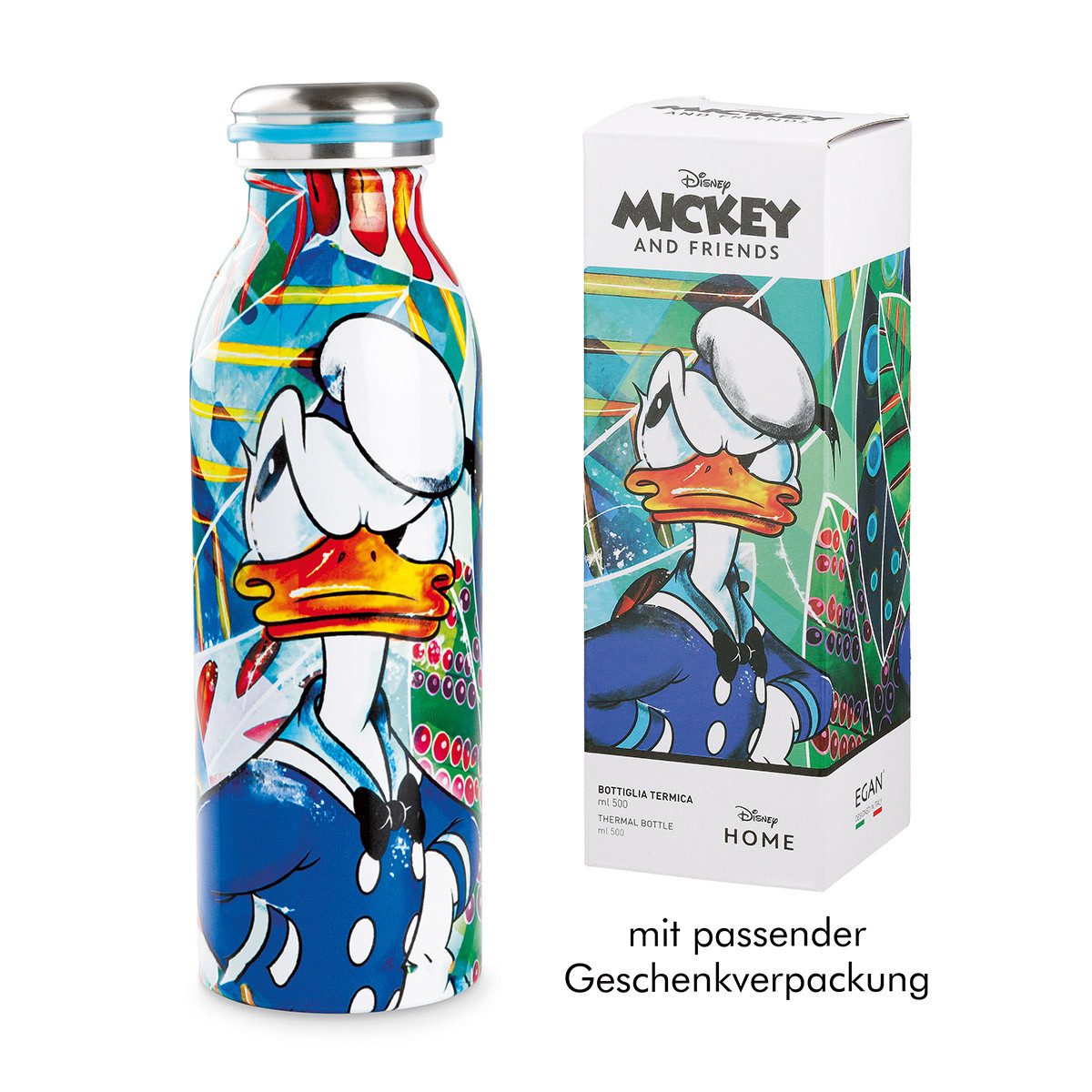 GILDE Thermobecher DISNEY - DONALD - Isolierflasche aus Edelstahl - Höhe 21,5cm - bunt, Edelstahl, Thermoskanne - Kanne - Flasche für Tee und Kaffee