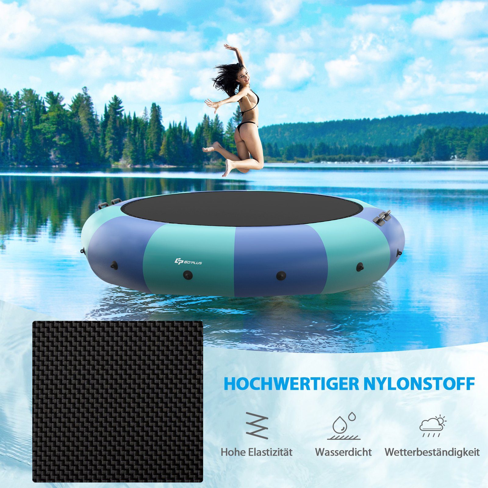 Gartentrampolin Wassertrampolin COSTWAY Trampolin Wassertrampolin, Bounce, Blau Aufblasvorrichtung 457cm elektrischer