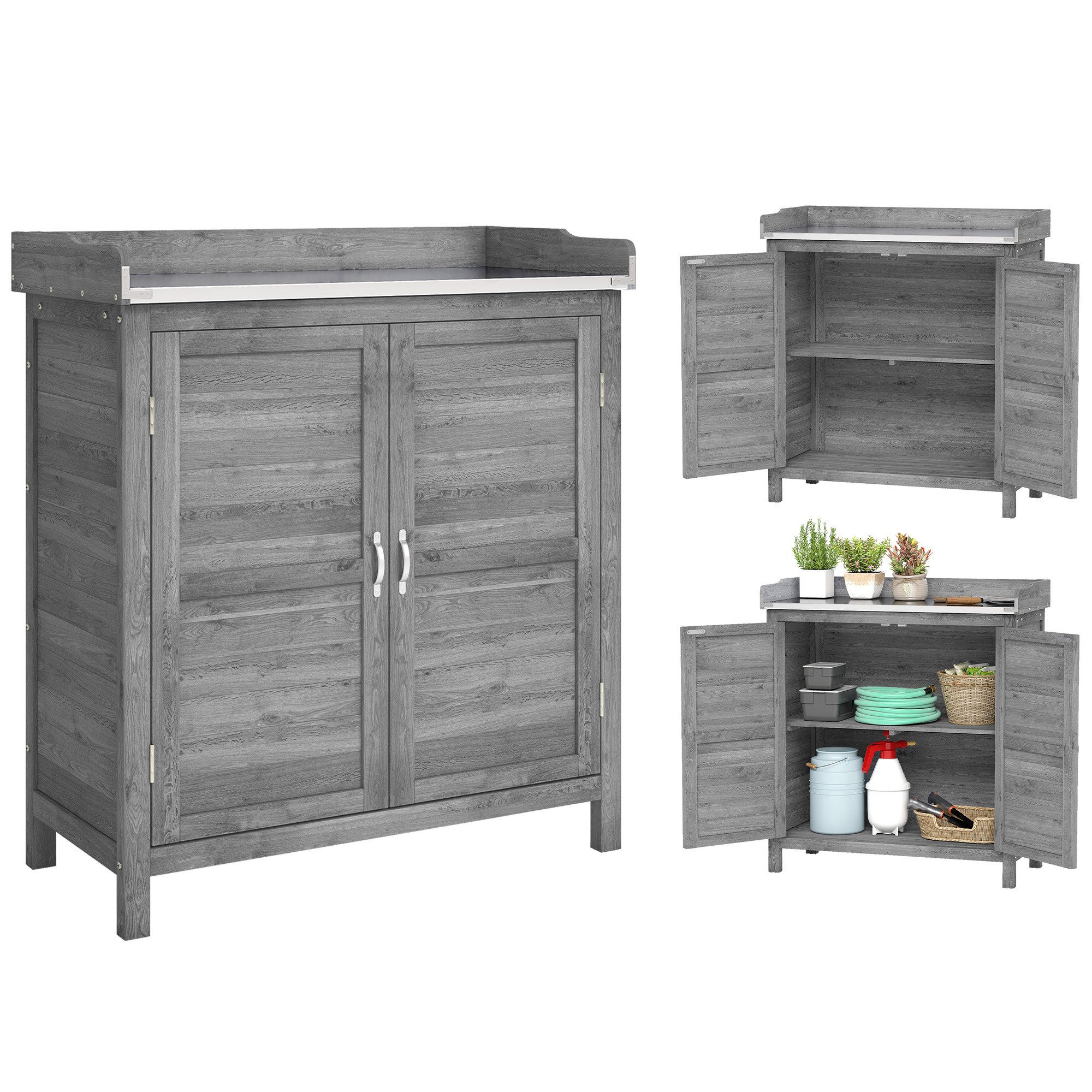 Outsunny Geräteschrank mit verzinkter Arbeitsplatte, 2 Regalböden (Outdoor Gartenschrank, 1-St., Pflanztisch mit Unterschrank) für Garten Balkon Terrasse 83 x 40 x 92cm Grau