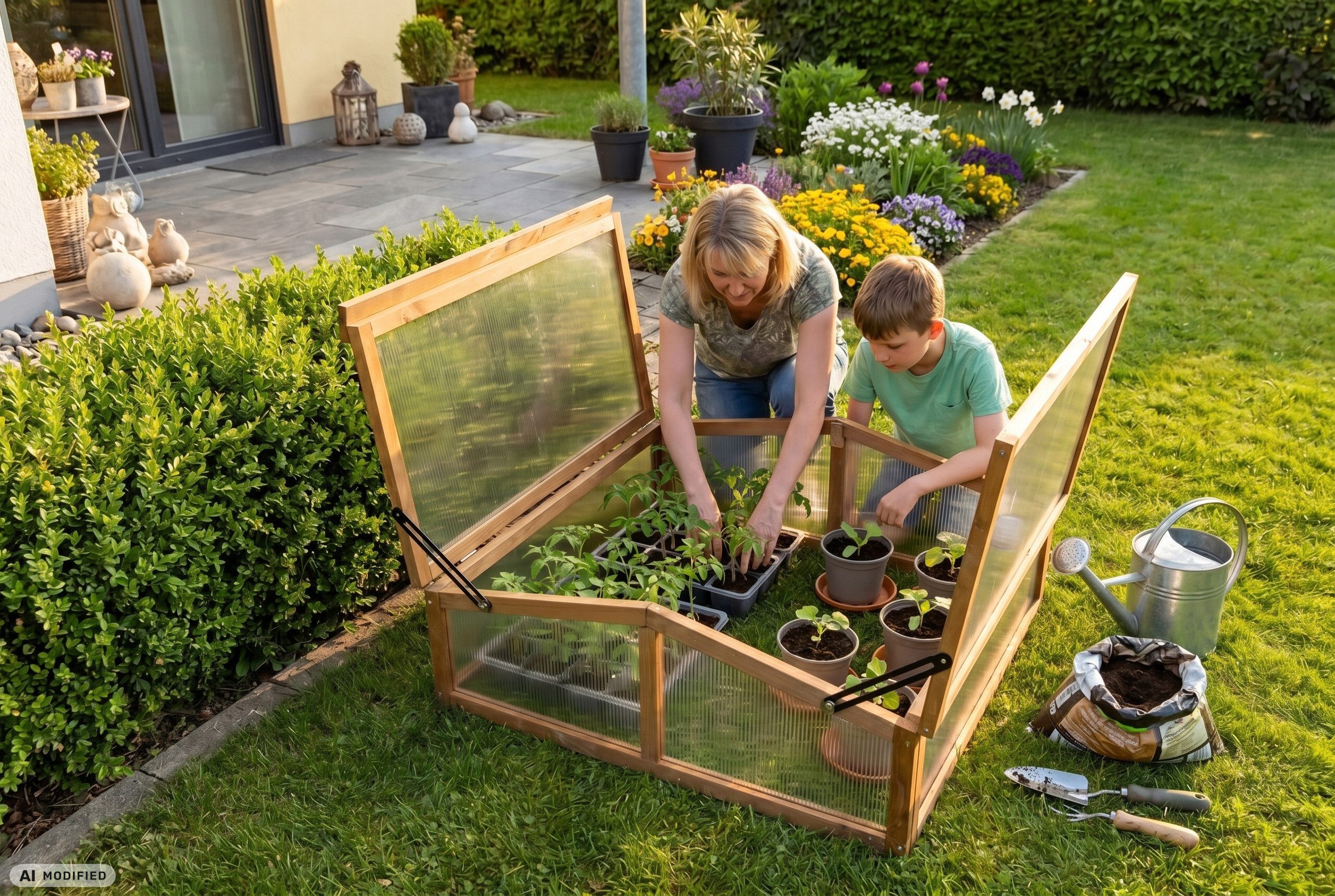 needs&wants® Frühbeet Aufsatz Holz Abdeckung Frühbeetkasten Gewächshaus mit Deckel Hochbeet, Bausatz klein wetterfest für Garten Outdoor Polycarbonat Acryl niedrig