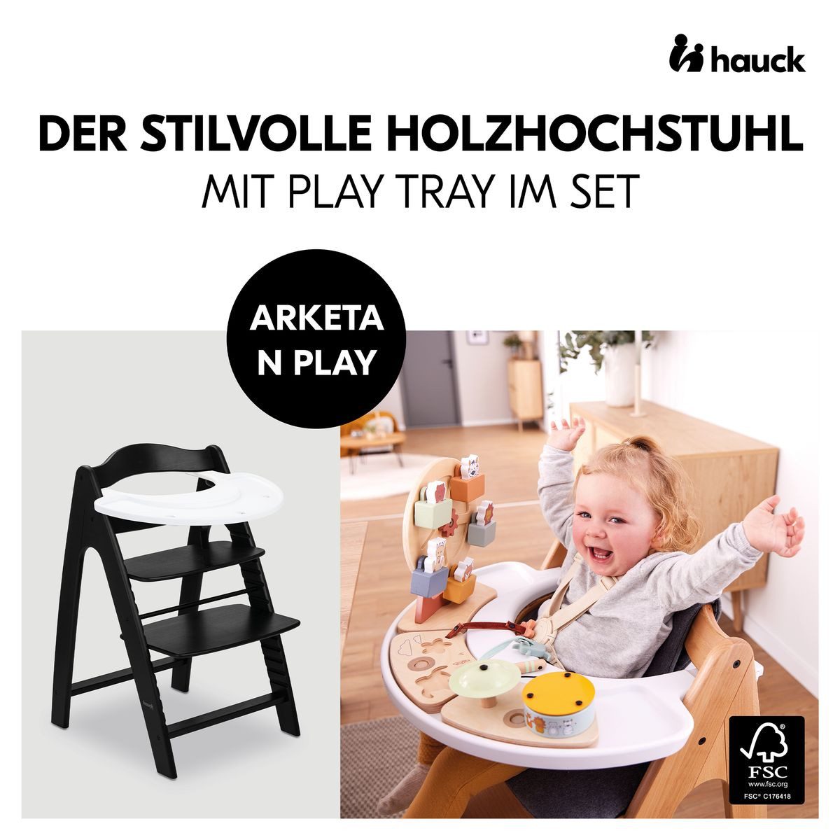 Hauck Hochstuhl Arketa - Beech Blackwashed, Mitwachsender Holz Kinderhochstuhl mit Spielbrett (ohne Spielaufsatz)
