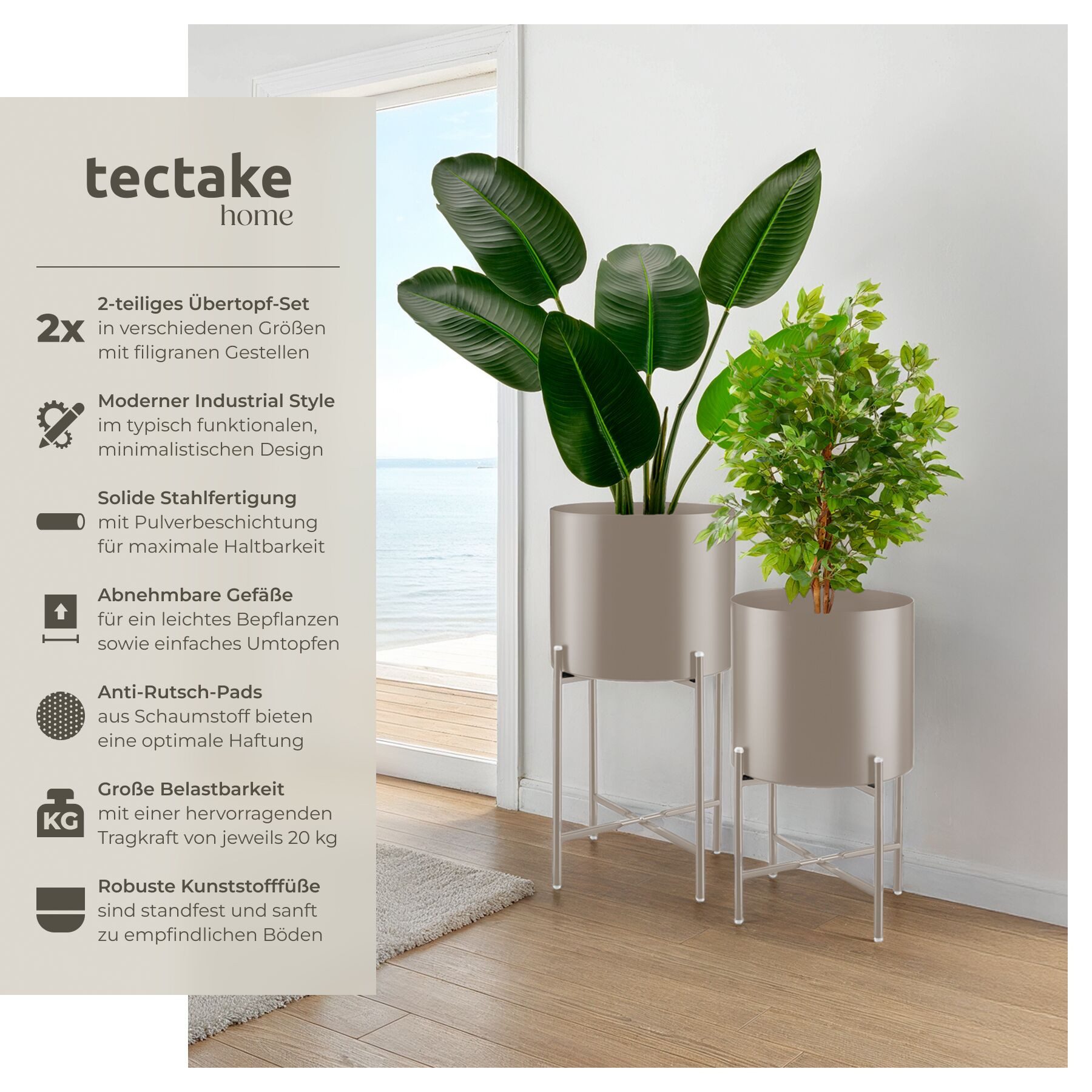 tectake Blumentopf Pflanzenständer 2-teilig, Anti-Rutsch-Pads, Belastbarkeit je 20 kg (Pflanzkübelset Mine, in Industrial Style taupe), abnehmbar, pulverbeschichteter Stahl, bodenschonende Kunststofffüße