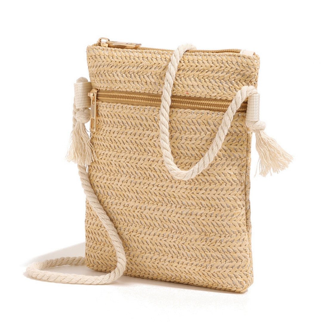 Bwecuy Umhängetasche Strohtasche Damen Boho Stroh Handytasche Vintage Strandtasche (mit Reißverschluss), Strand Stroh Handtasche Crossbody Tasche für Damenreisen und Urlaub