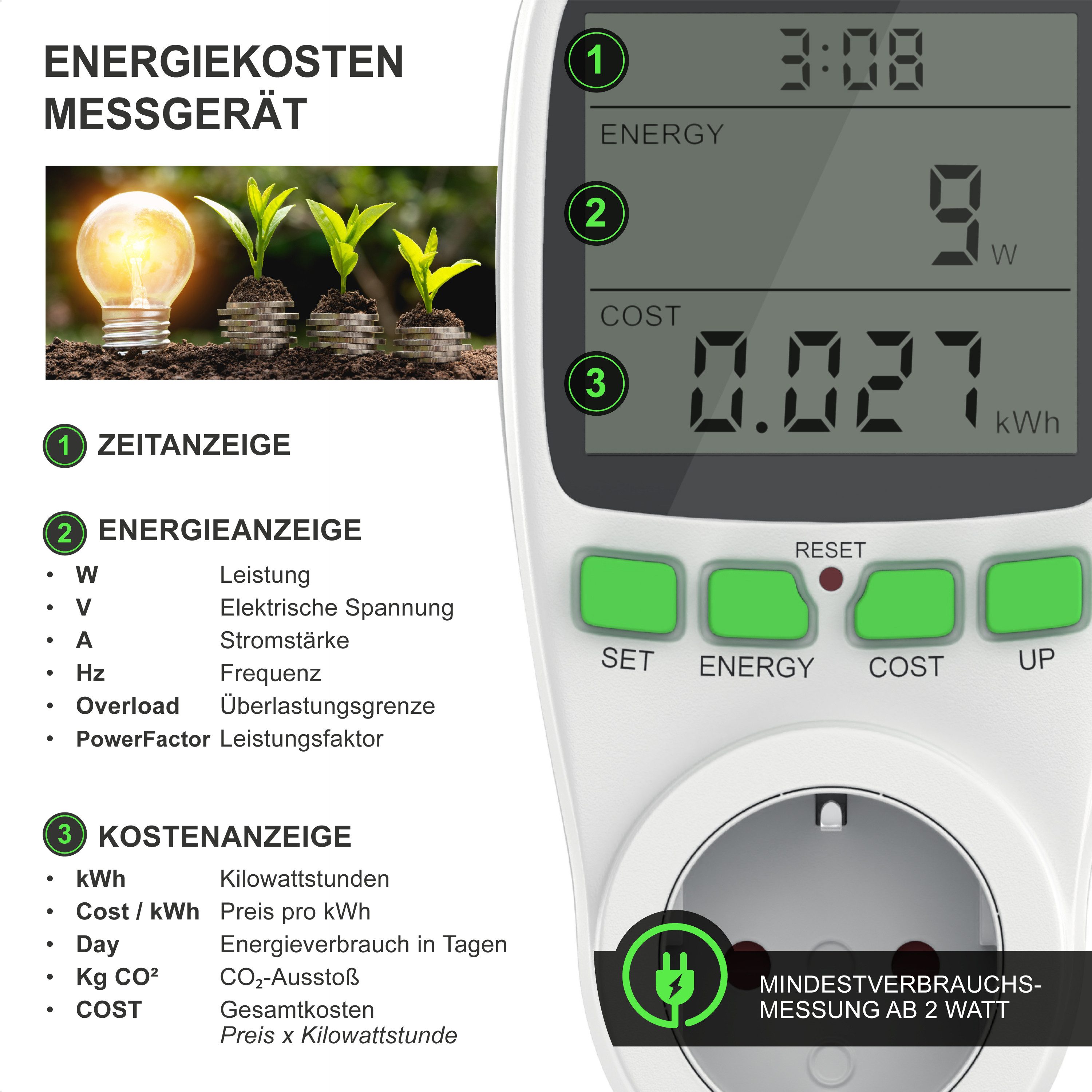 Arendo Energiekostenmessgerät 2er Set Strommessgerät für die Steckdose, bis 3680 W, 2-tlg., Stromverbrauchszähler, Energiemessgerät, Energiekosten Anzeige – Bild 3 von 5