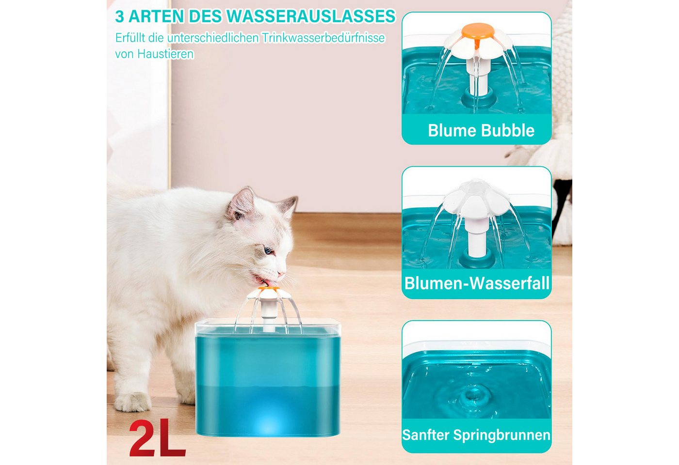 Thumbnail - ZEUOPQ Trinkbrunnen Katzenbrunnen Trinkbrunnen Für Katzen Hunde Wasserspender 2L, blau, mit Filtersatz, 3 Wasserflussdes...