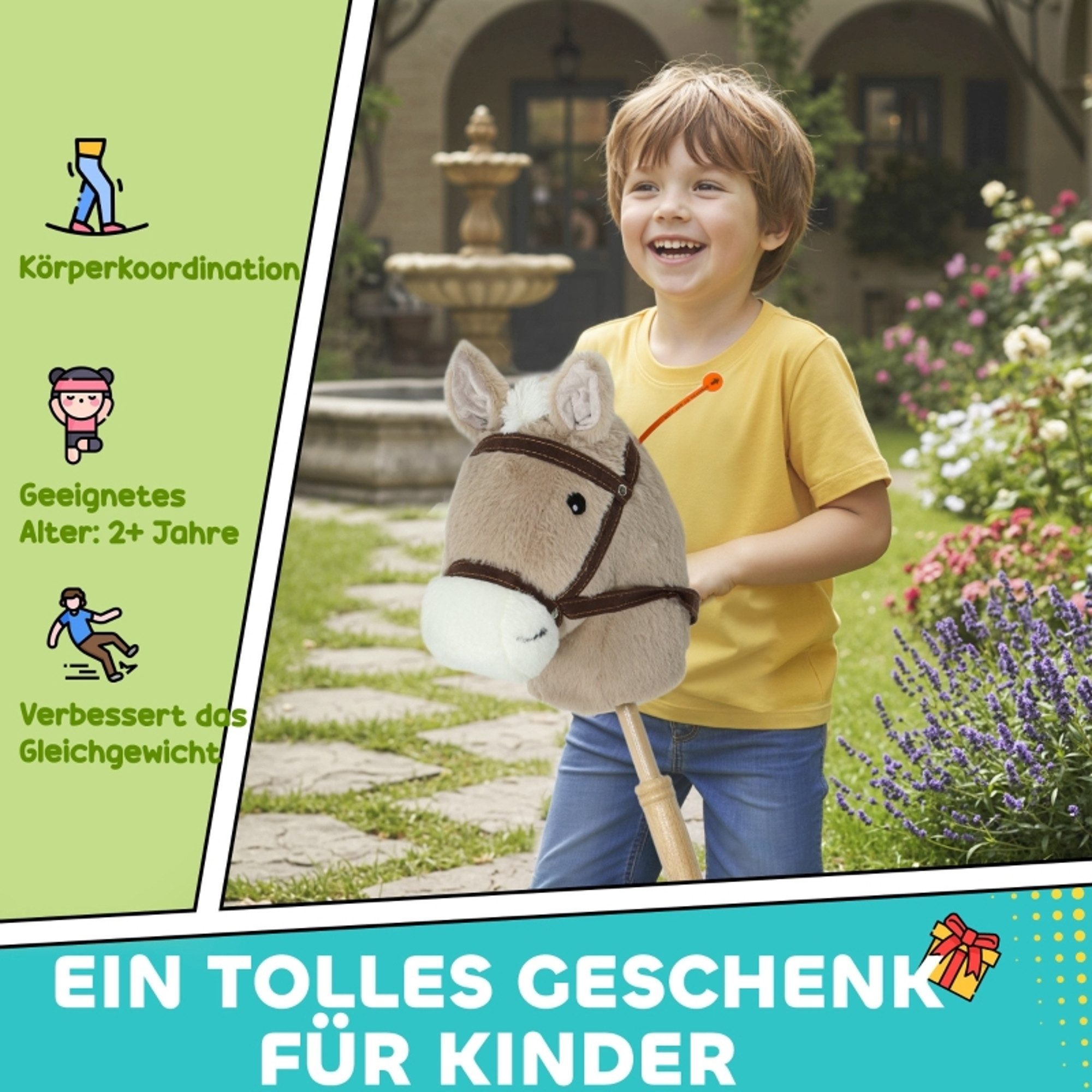 MC Star Steckenpferd Kinder Steckenpferde mit Sound, Rolle, Stockpferd zum Reiten, (für Kinder 24+ Monate, Grau) – Bild 5 von 5