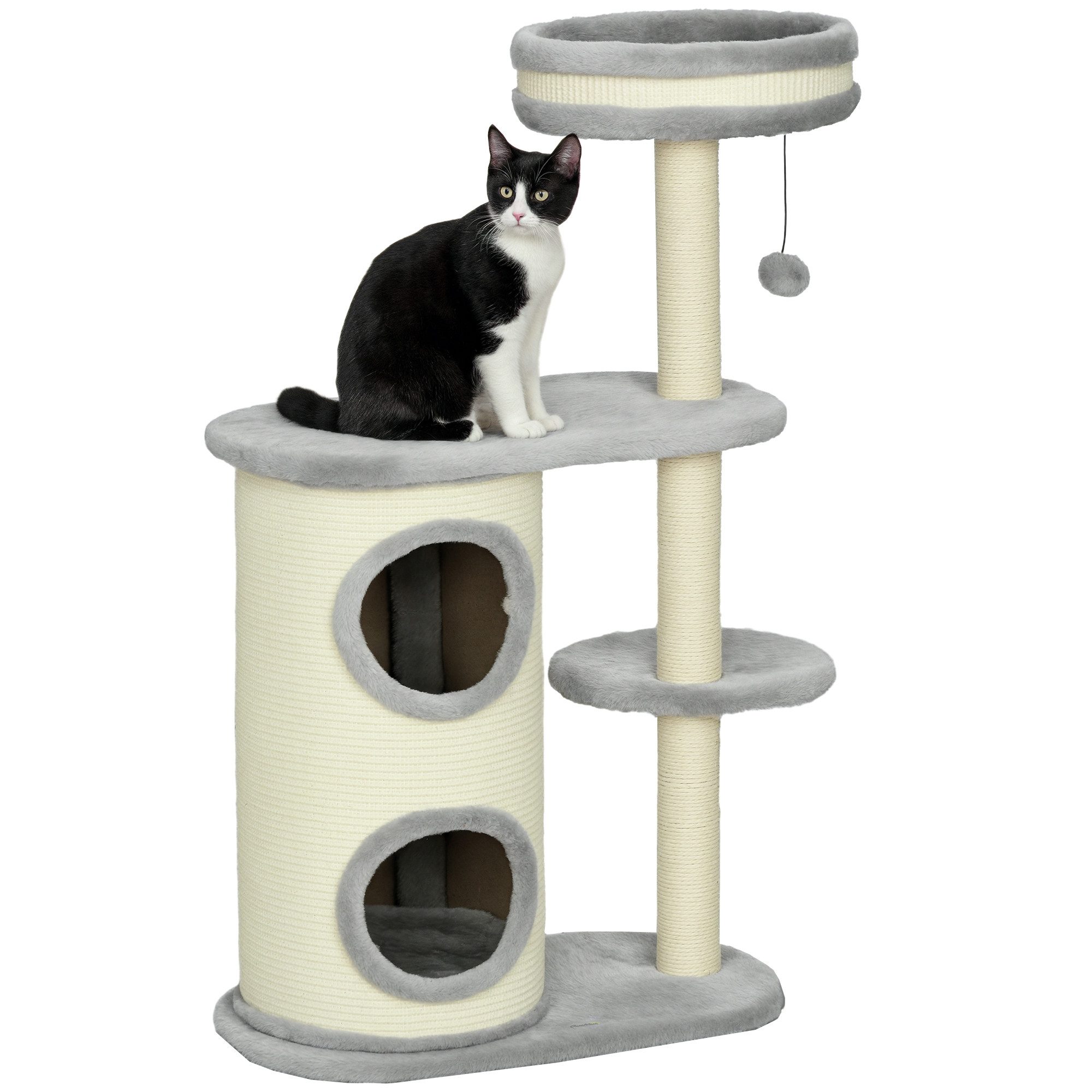 PawHut Kratzbaum Katzenturm mit Kratztonne, Spielball, Katzenkratzbaum, für Katzen bis 5 kg, Plüsch, Grau