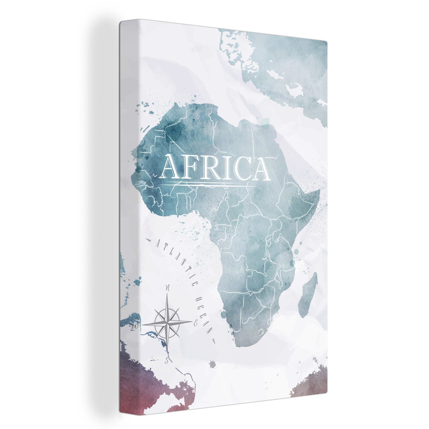 Zackenaufhänger, OneMillionCanvasses® fertig Leinwandbild 20x30 inkl. St), bespannt Leinwandbild cm Blau, - - Weltkarte Afrika (1 Gemälde,