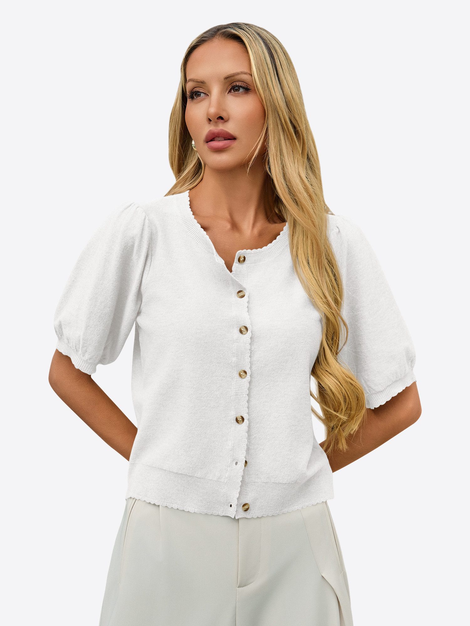 Imily Bela Sweatshirt Damen Puffärmel Strickjacke (Packung, 1-tlg., 1per-Pack) mit Rundhalsausschnitt