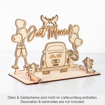 Kreative Feder Hochzeitskarte Dekorativer 3D Geschenk-Aufsteller „Just Married“ zur Hochzeit, originelle Geldgeschenk-Deko aus Holz