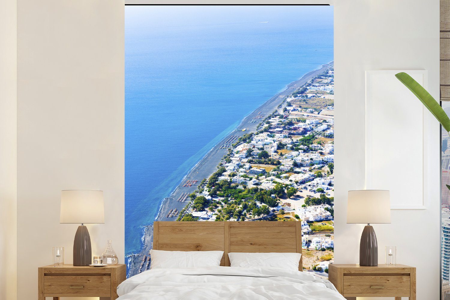 MuchoWow Fototapete Luftaufnahme der Küste von Santorin Griechenland, Matt, bedruckt, (3 St), Montagefertig Vinyl Tapete für Wohnzimmer, Wandtapete