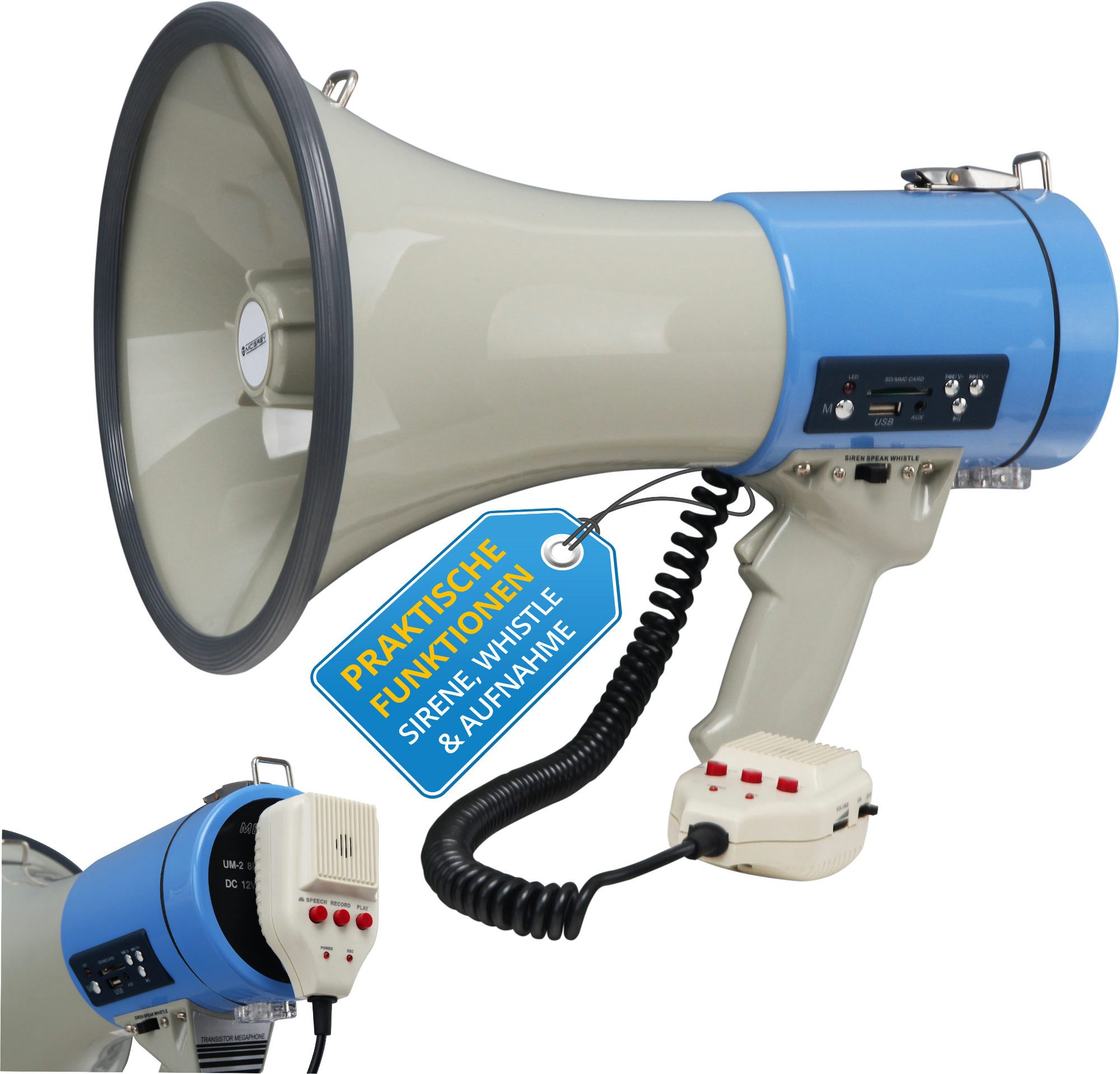 McGrey Megafon Megaphon - Sprachrohr - Sirene- Whistle-, Aufnahme/Wiedergabefunktion, robuste Bauweise, (MP-800RHS, Inkl. Tragegurt), mit USB/SD/AUX-MP3-Player
