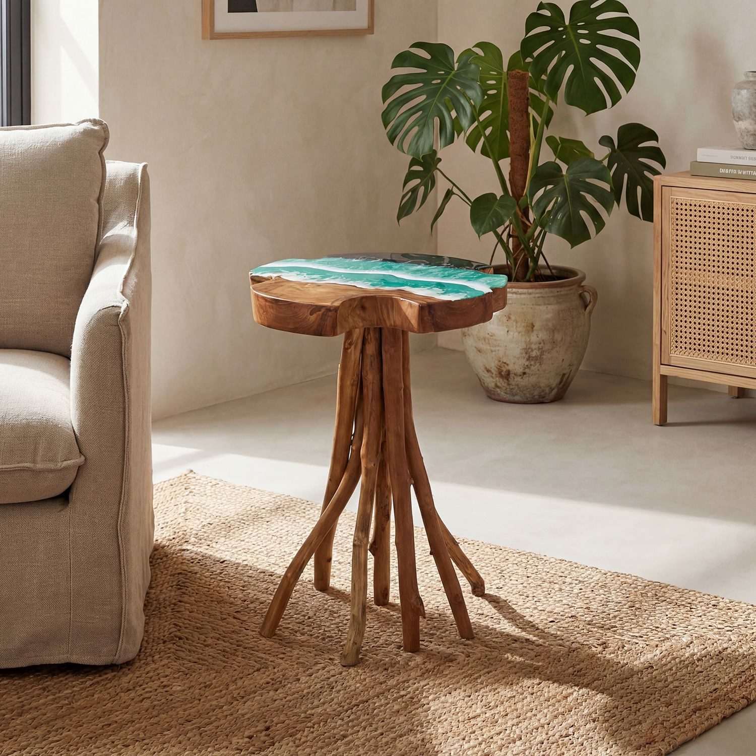 Licht-Erlebnisse Beistelltisch BALI, Baumscheibe massiv B: 40cm H: 60cm Holz Epoxidharz Meer Design Unikat