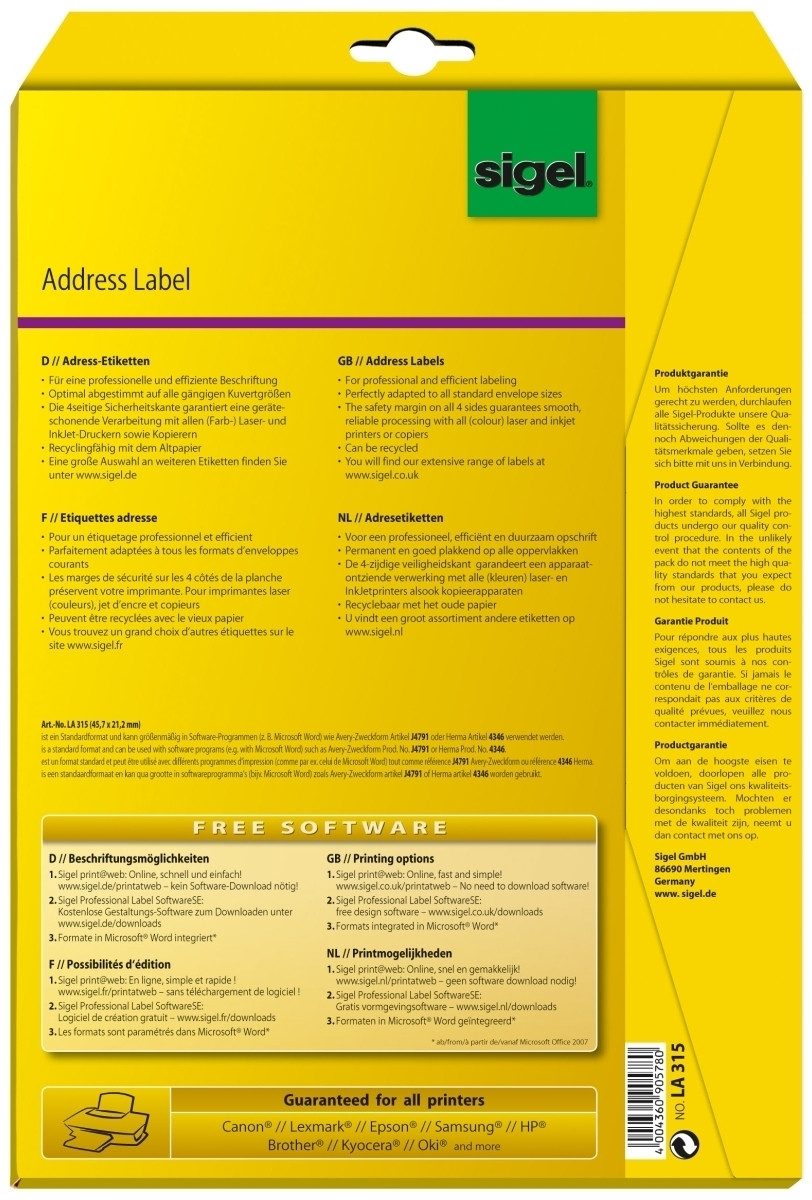 Sigel Etiketten Adress-Etiketten 45,7x21,2mm weiß VE=1200 Stück