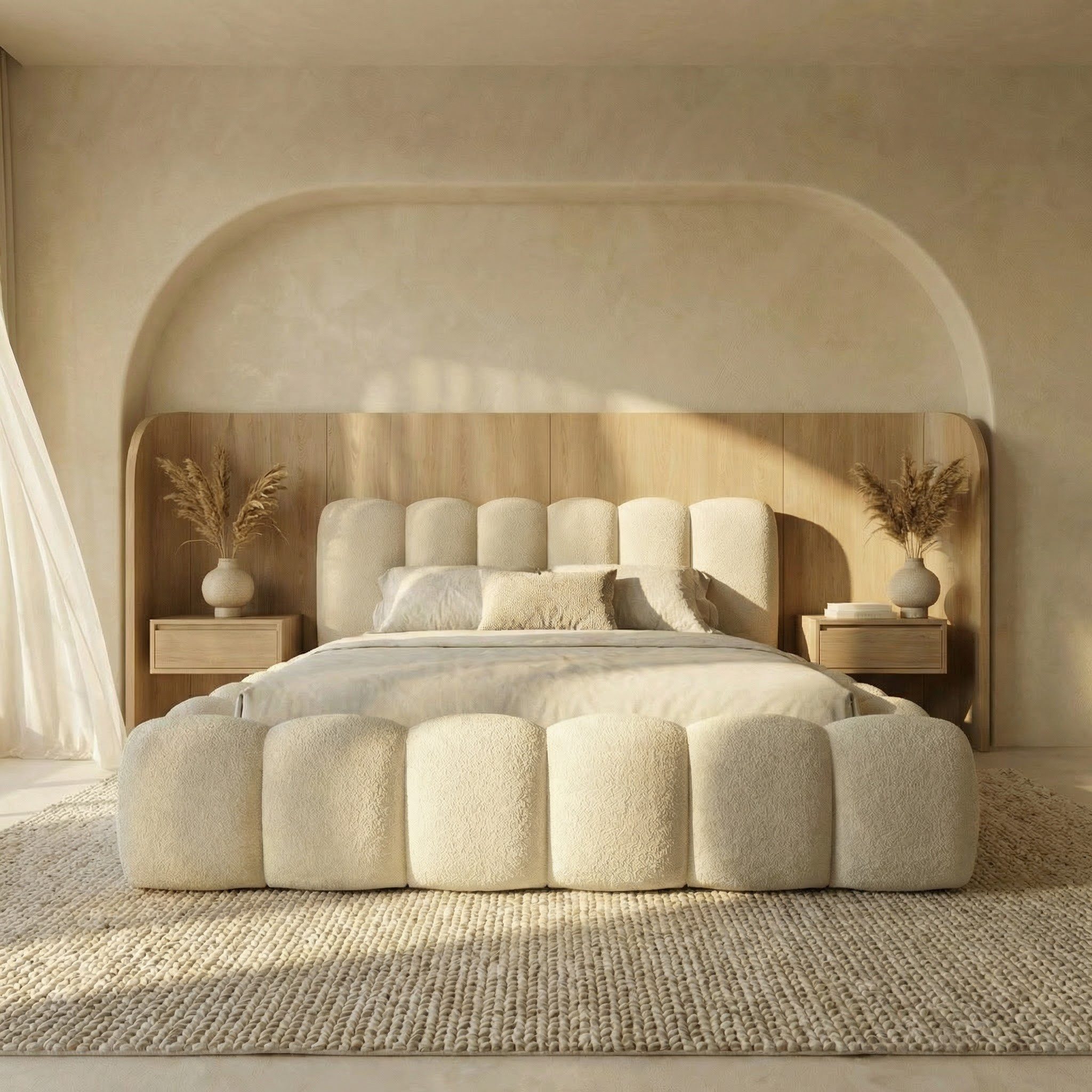 thematys Polsterbett CLOUD mit Bettkasten, 140x200 160x200 180x200 200x200cm (Kopfteil im Modernen-Look – weich, modern und pflegeleicht), hochwertiger Bouclé-Stoff in Ash, Weiß, und Kreme, Inklusive Lattenrost: Holzrahmen,hochwertiger Stoff), hydraulisch