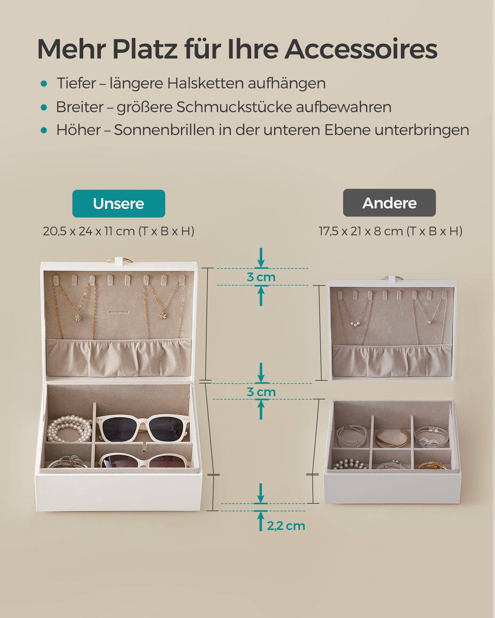 SONGMICS Schmuckkasten Schmuckkästchen Schmuckkasten mit Griff, 2 Ebenen, 23,9 x 20 x 11,2 cm, Geschenkidee, schwebender Effekt, Schmuckbox – Bild 5 von 5