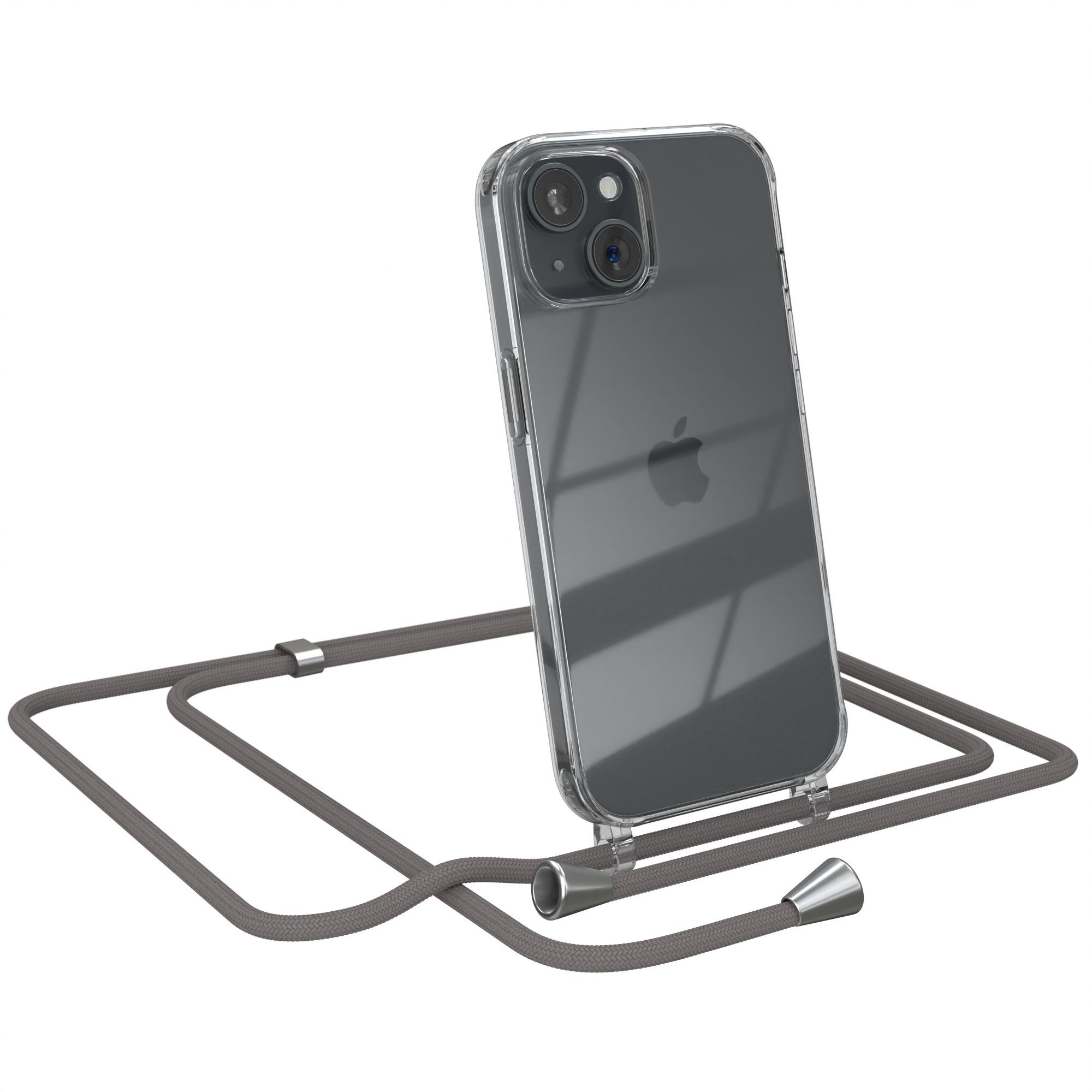 EAZY CASE Handykette mit-/ ohne Magsafe Hülle für iPhone 15 6,1 Zoll, Slimcover Handykette Hülle mit Band Handykordel Clear Case Slim Grau