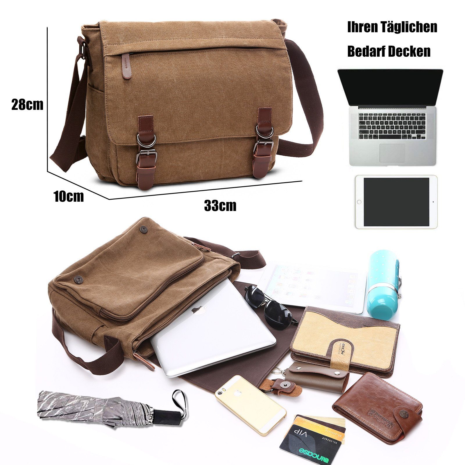 TAN.TOMI Zoll Messenger Business Leinwand Bag für 15 Crossbody Braun Laptop Aktentasche Vintage Umhängetasche, Rucksack