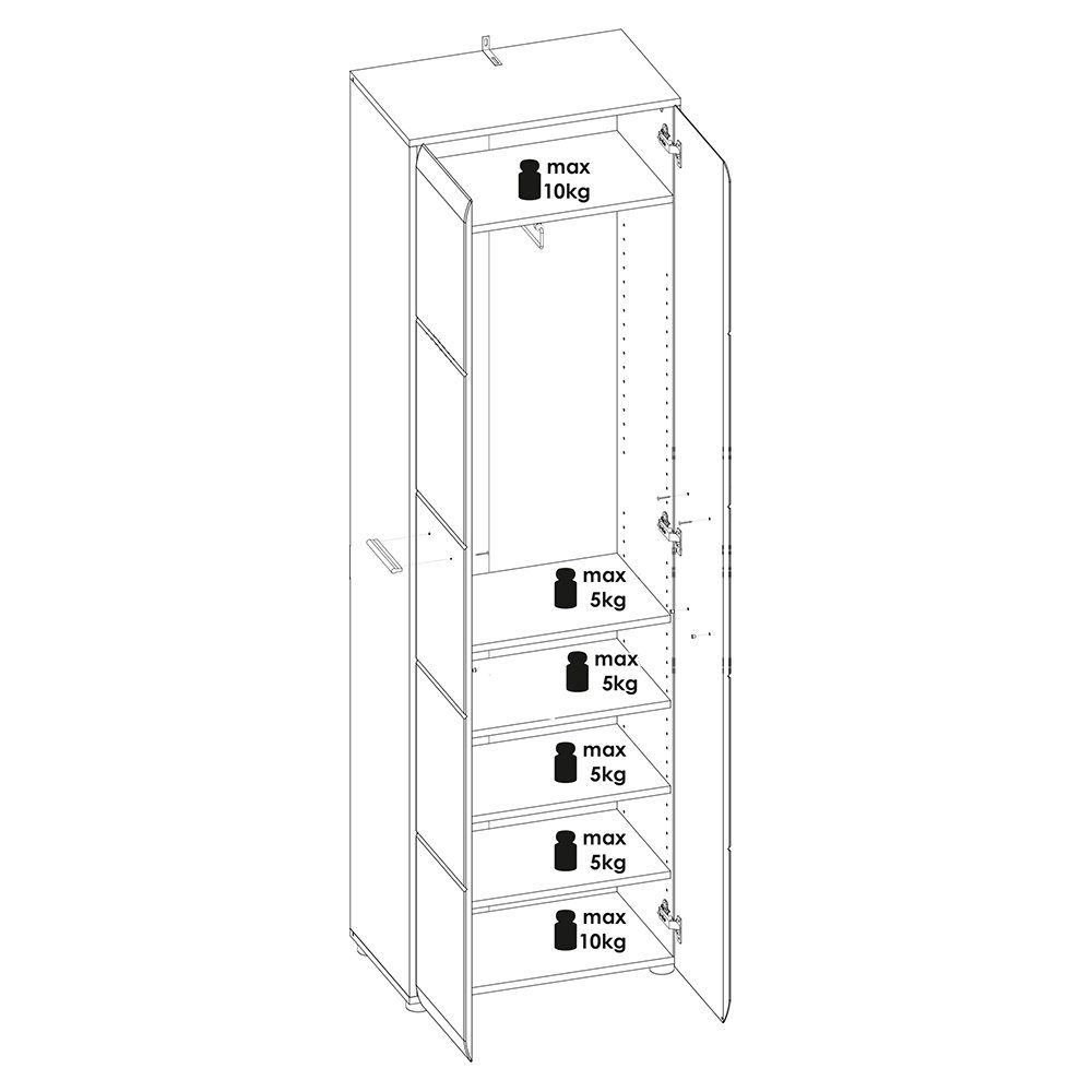 Lomadox Garderobenschrank MALABO-129 Hochschrank mit Kleiderstange ausziehbar in weiß Hochglanz