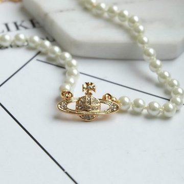 Fivejoy Perlenkette Schmuck-Kettenstrang Strass Faux Planet Saturn Perlenkette für Damen, Kette aus runden Perlen