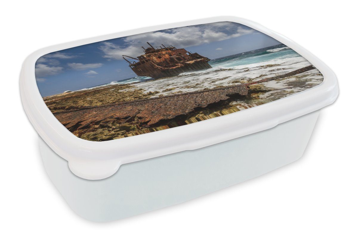 MuchoWow Lunchbox Öltanker auf dem Meer vor Klein Curaçao, Kunststoff, (2-tlg), Brotbox für Kinder und Erwachsene, Brotdose, für Jungs und Mädchen weiß