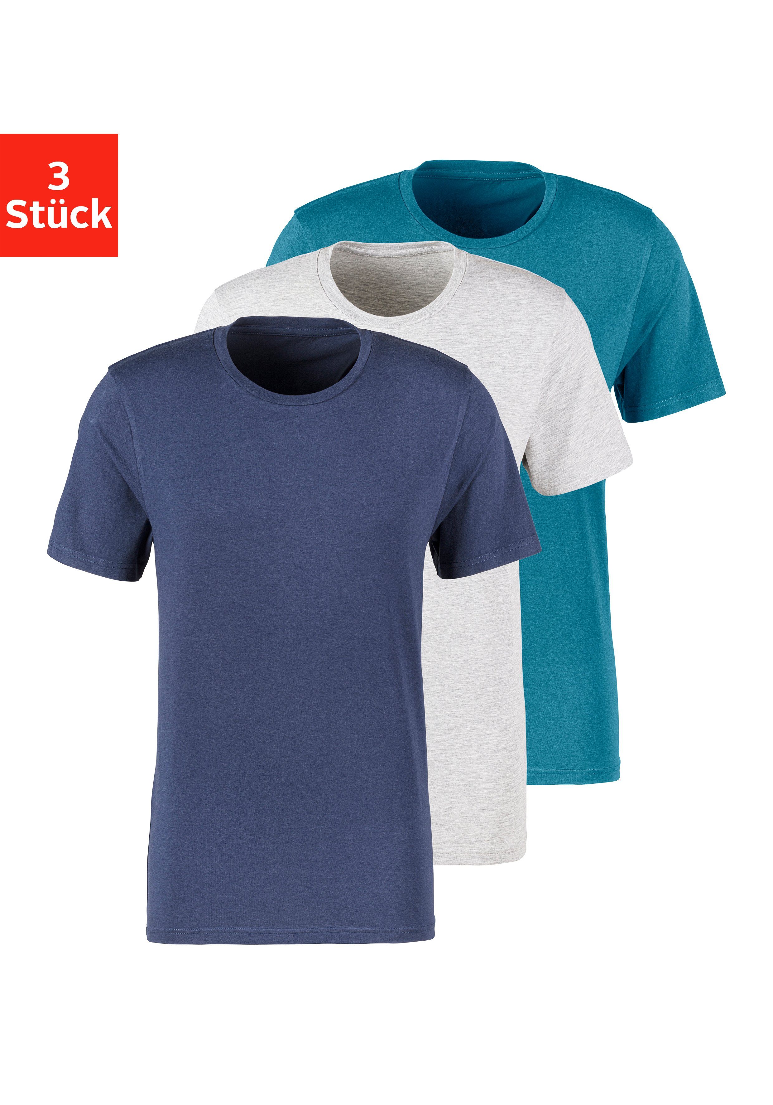 Bruno Banani T-Shirt (Packung, 3-tlg) mit Rundhals-Ausschnitt navy, grau-meliert, petrol | T-Shirts