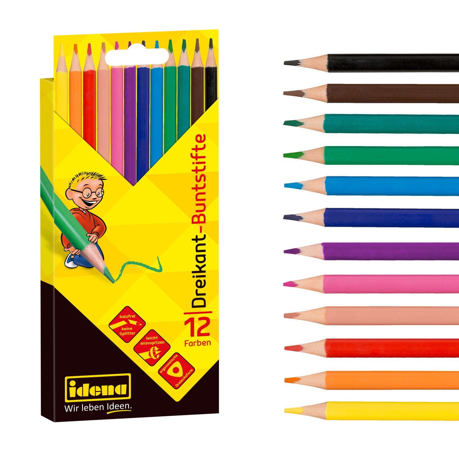 Idena Buntstift Idena 20133 - Buntstifte in 12 Farben, holzfreie Farbstifte in ergonom