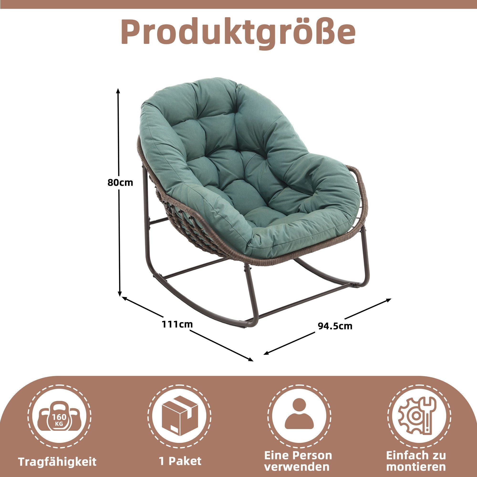 LVHOM Schaukelstuhl dick/gepolsterte Kissen, Rattanstuhl mit Stahlrahmen, Lounge Sessel (Großformat B110.5xT94.5xH80cm,160kg Tragfähigkeit,Dicke Kissen, MEHRE FARBEN MEHRE OPTIONEN! Schaukelsessel umhüllendem Sitzgefühl & hoher Armlehne, 1 St), Balkon/Garten/Wohnzimmer/Schlafzimmer/Arbeitszimmer