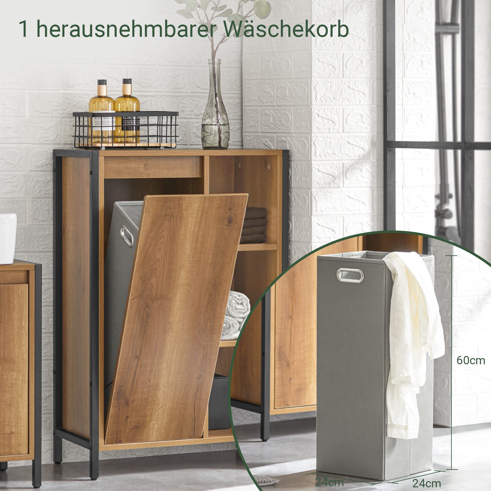 SoBuy Wäscheschrank BZR65, Badezimmerschrank Badschrank schmal für Flur, Bad, Schlafzimmer mit ausklappbarem Wäschesäcken Wäschesack Wäschetruhe – Bild 3 von 5