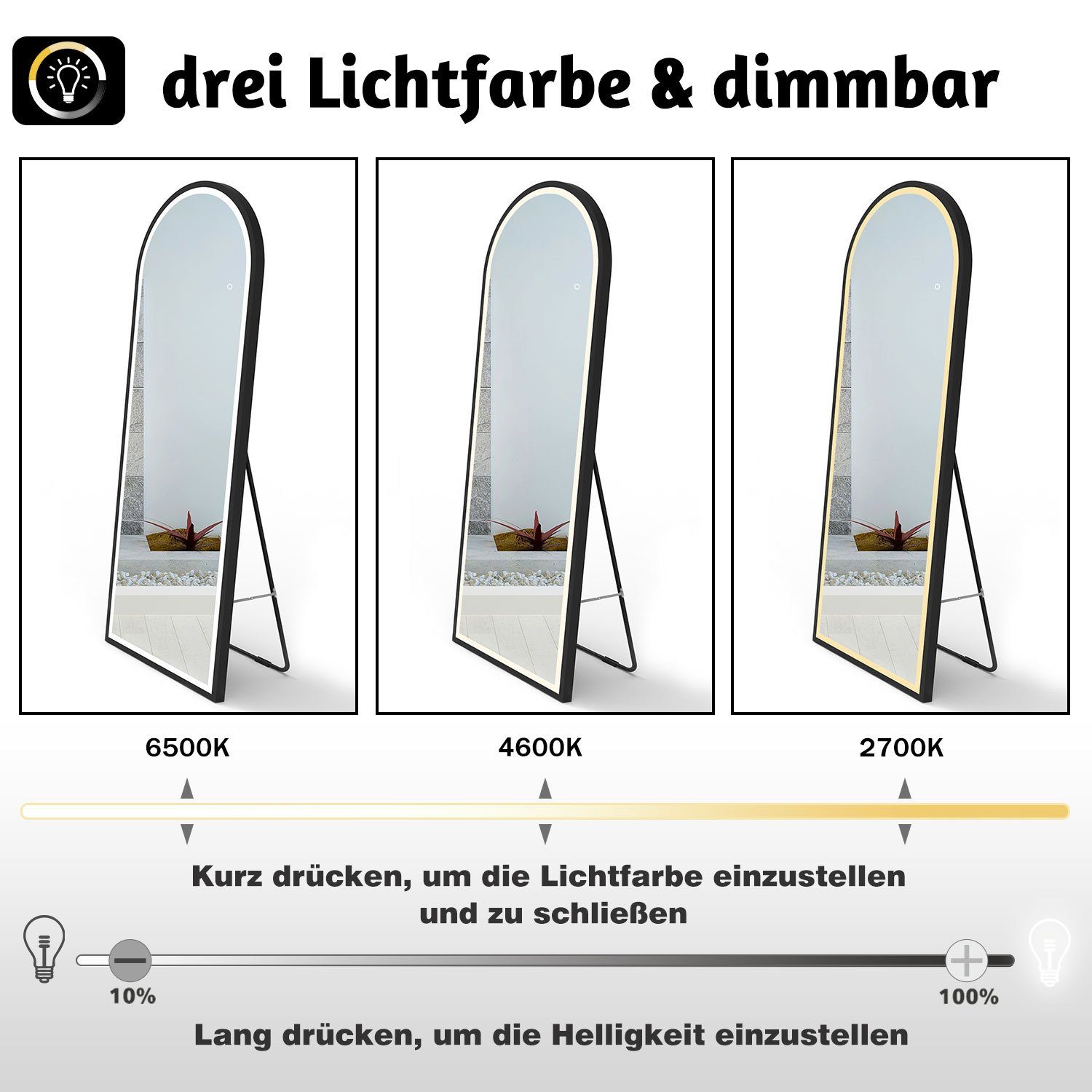 Hängespiegel Warm/Neutral/Kaltweß, mit Beleuchtung dimmbar, Stecker duschspa 160cm, mit Standspiegel Wandspiegel Bogen LED Ganzkörperspiegel Memory,