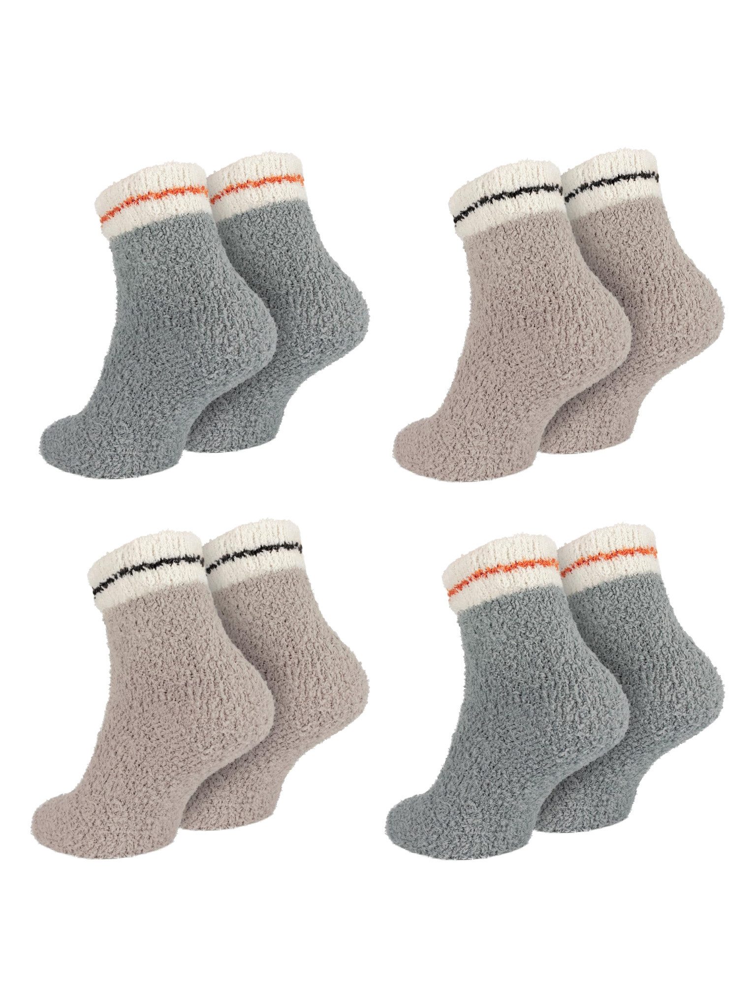 Black Snake Kuschelsocken warme Flauschsocken für Damen für zu Hause und als kleine Geschenkidee (Socken-Set, 4-Paar, Grau/Braun One Size) dick und weich gestrickt mit Bündchen am Schaft und zwei Tönen je Set