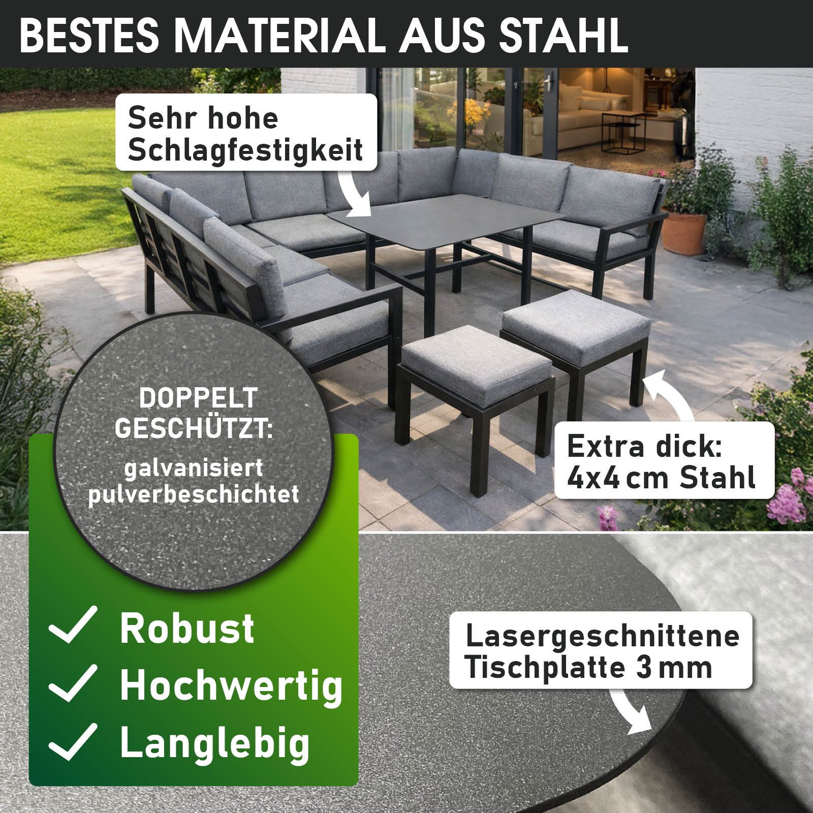 BRAST Gartenlounge-Set Loungemöbel Madrid, bis zu 11 Personen, 296x170x70cm, (Outdoor Sofa Dining Lounge, Gartenmöbel Sitzgruppe Essgruppe), wetterfest wasserabweisend stabiles Stahlgestell