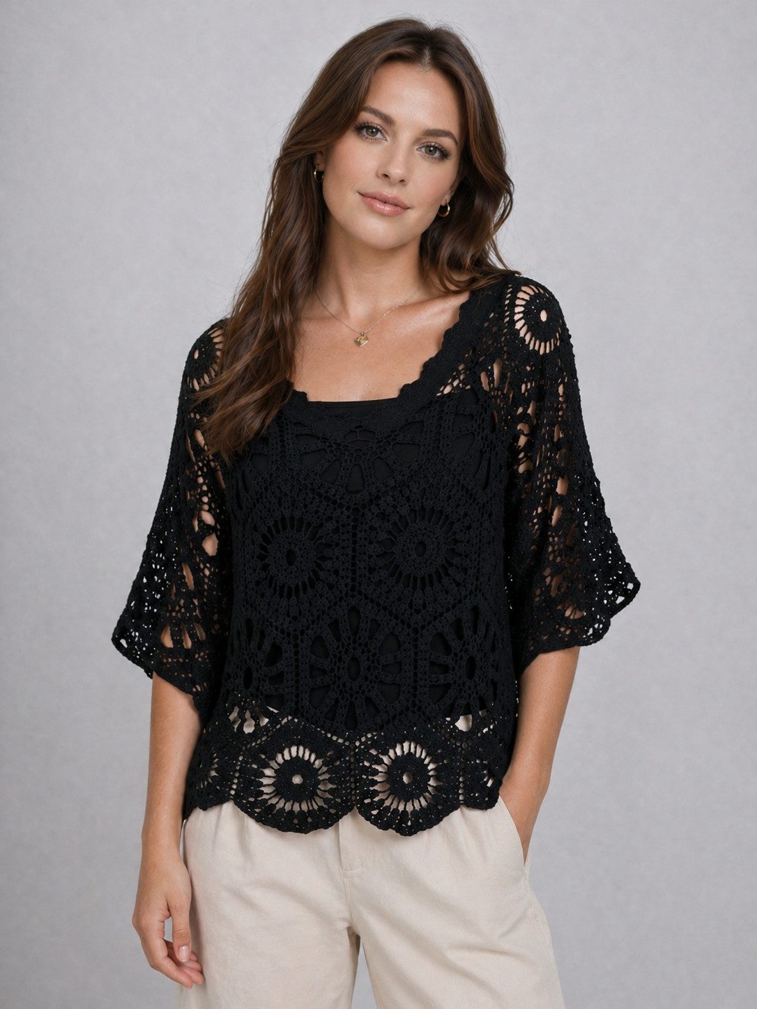ITALY VIBES Blusenponcho - Häkelshirt - Spitzenshirt - ITALY VIBES - Boho - Oversize ONE SIZE- passend für Größen S - L