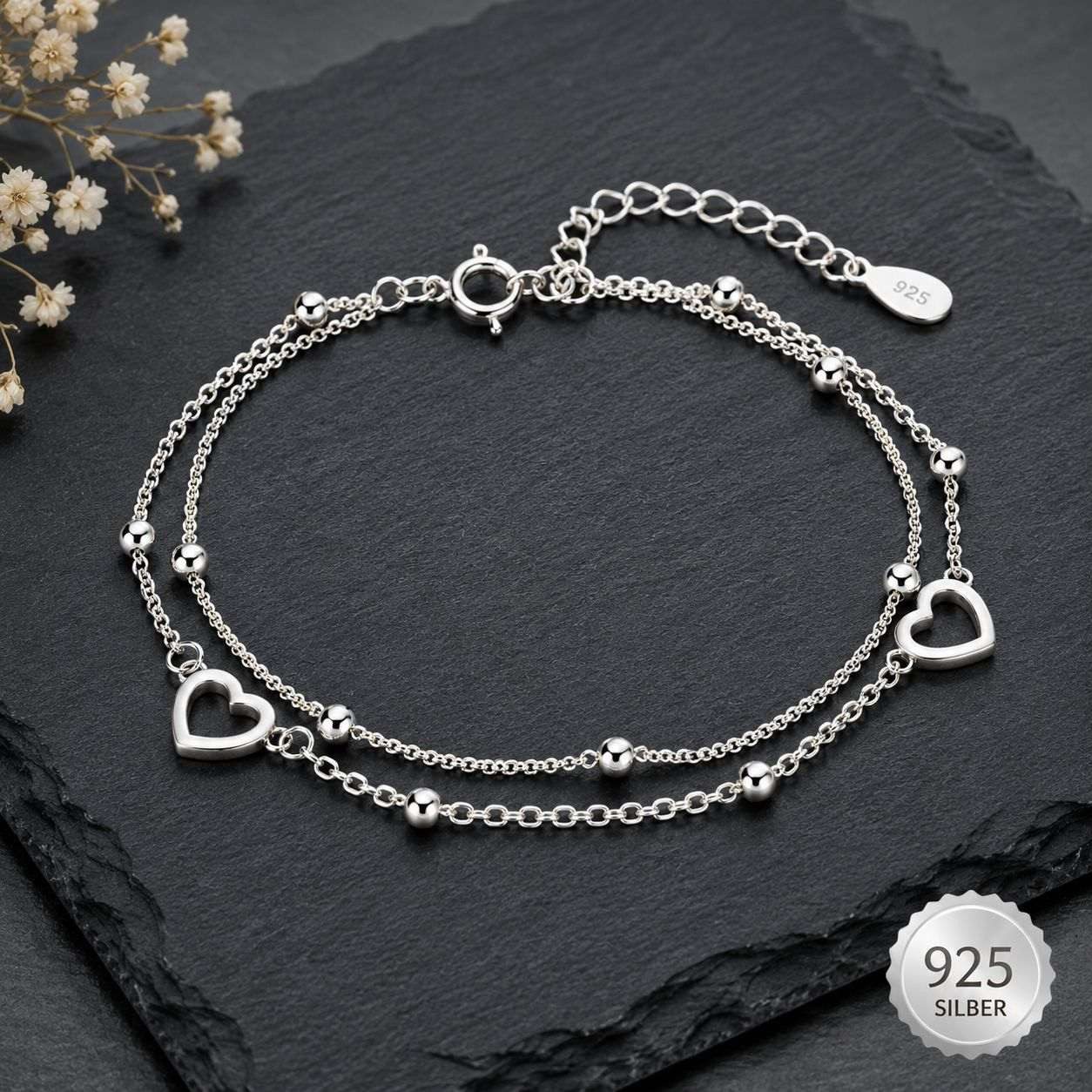 Taffstyle Silberarmband 925 Sterling Silber Damen Armband mit Herzen & Kugeln verstellbar (Wunderschönes Filigranes Damen Armband 925 Echt Silber mit Herz-Desig – Bild 5 von 5